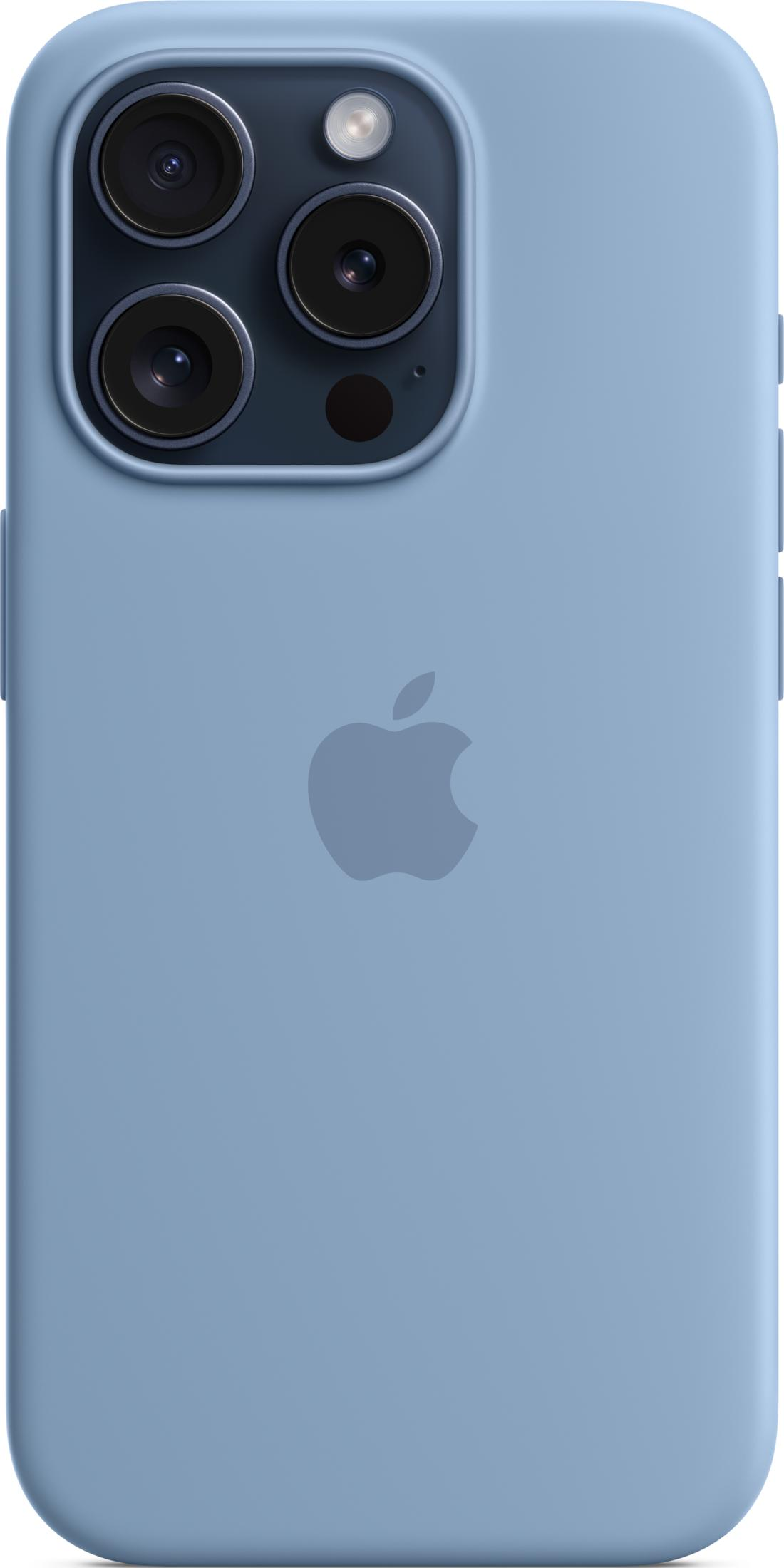 Een blauwe iPhone met drievoudige camera en Apple-logo.