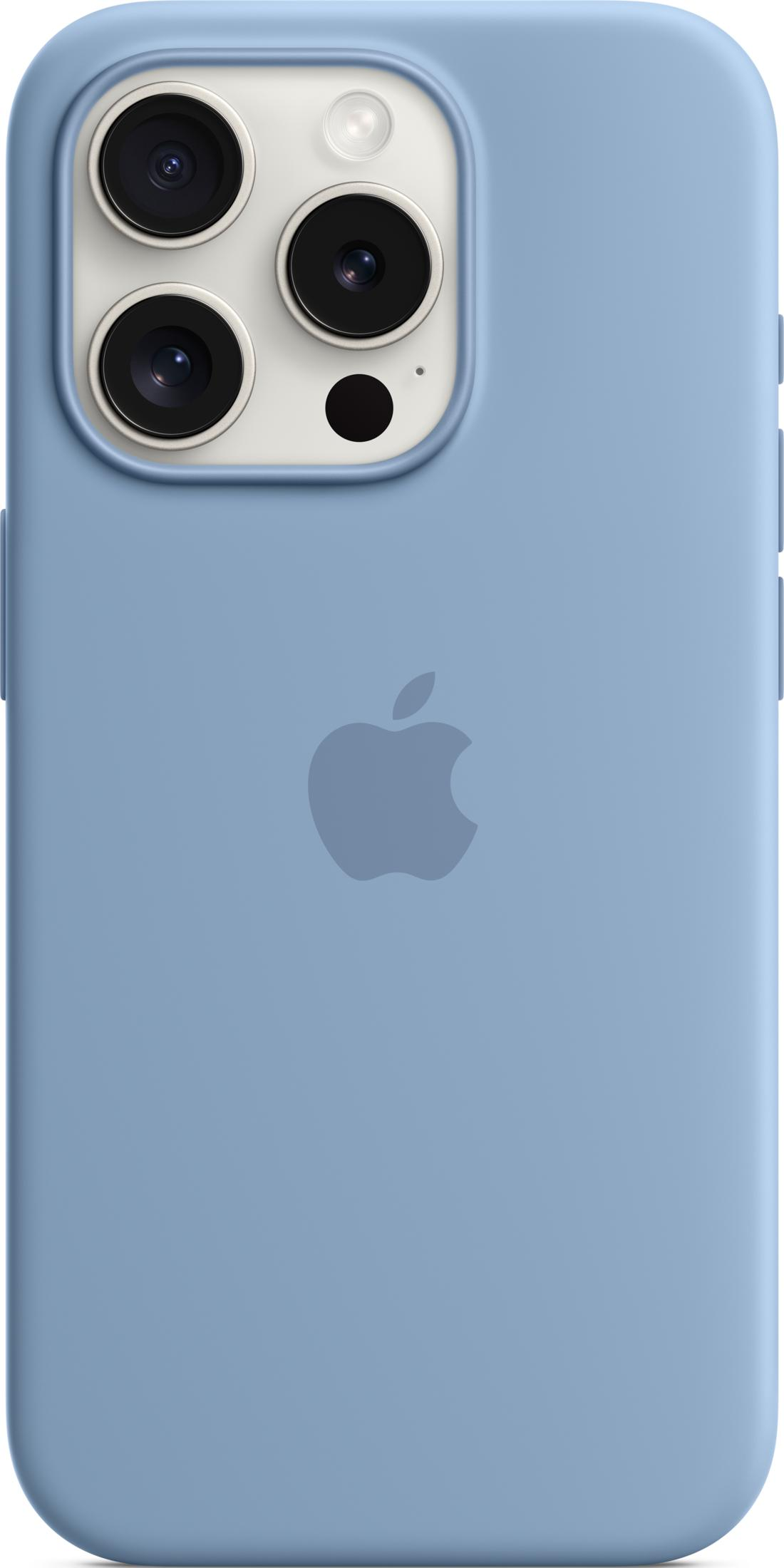 Een blauwe iPhone case met Apple logo en camera-uitsparing.