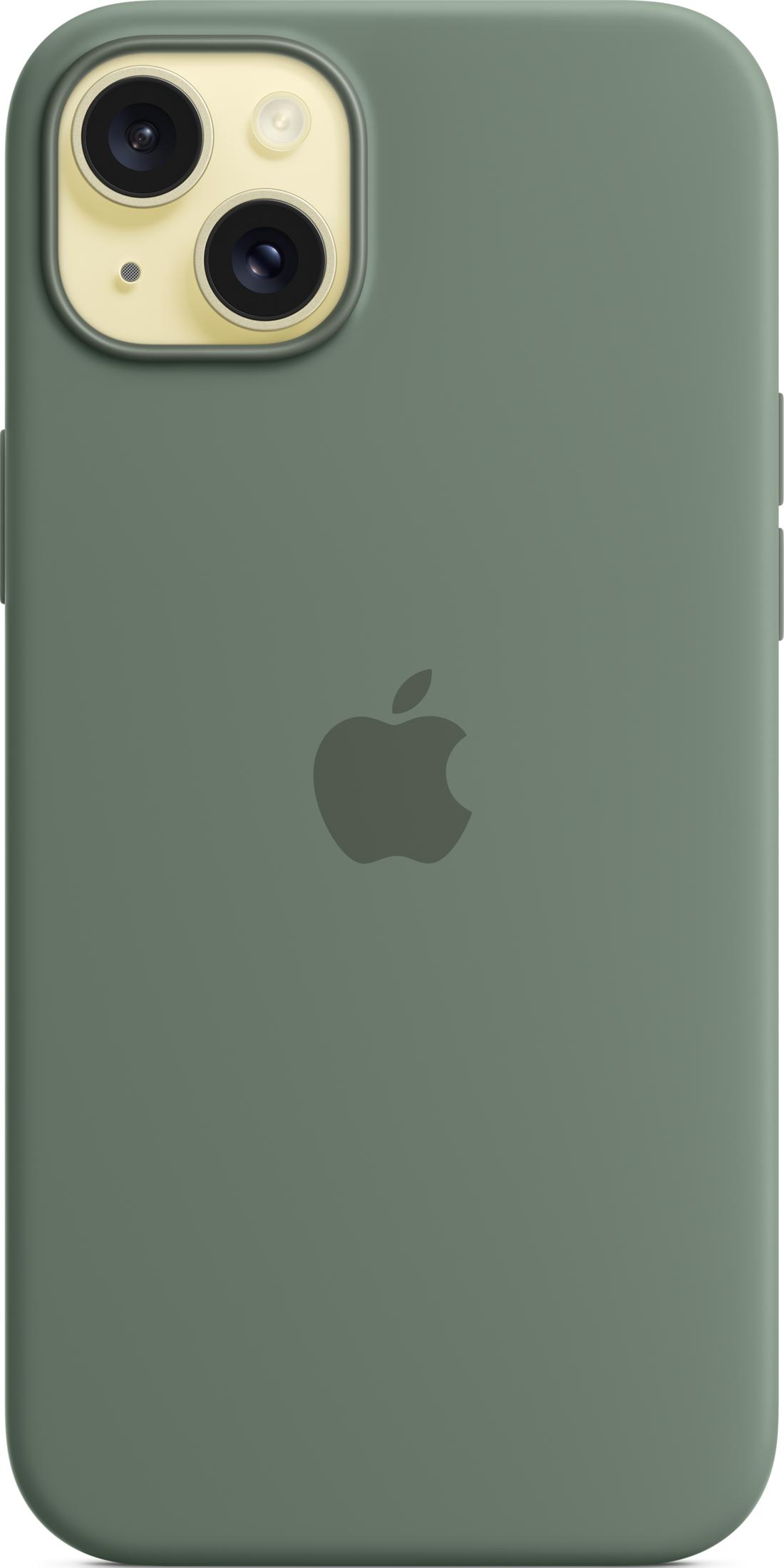 Zielone etui na iPhone z logo Apple i aparatem u góry.