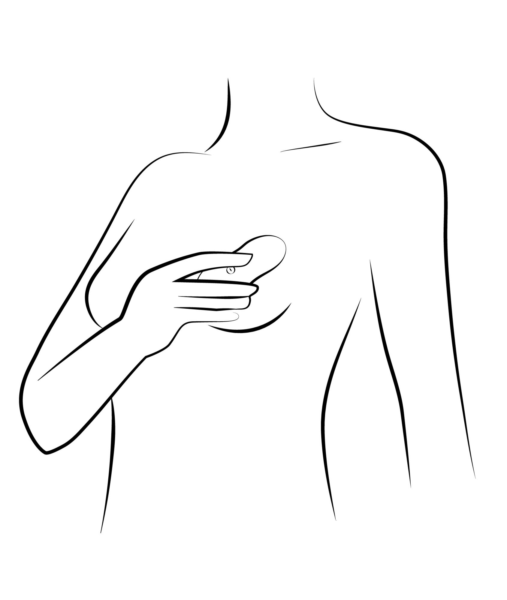 Stylizowany rysunek piersi z ręką trzymającą okrągły przedmiot.