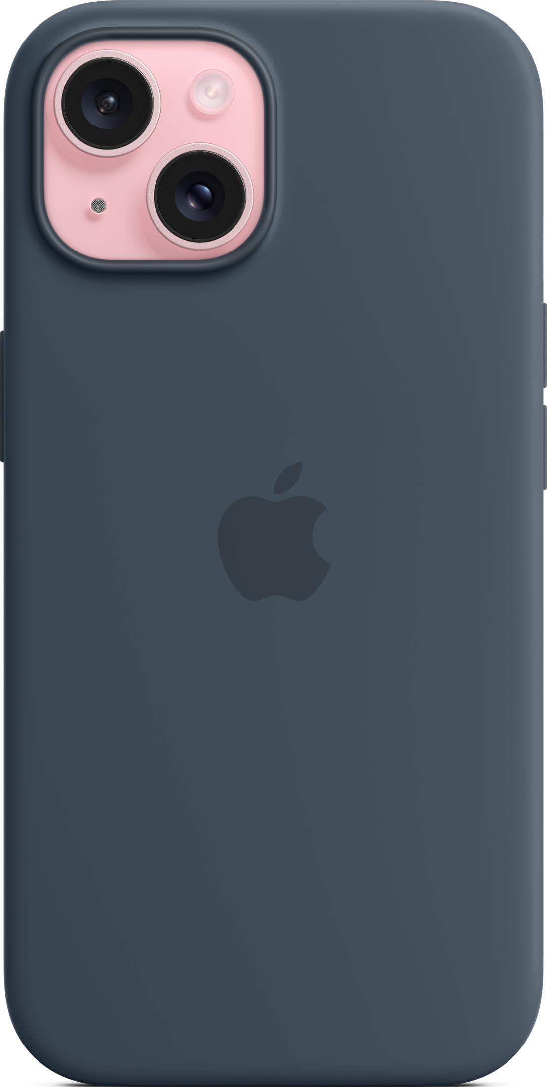 Granatowe etui na iPhone z logo Apple i wycięciem na aparat.