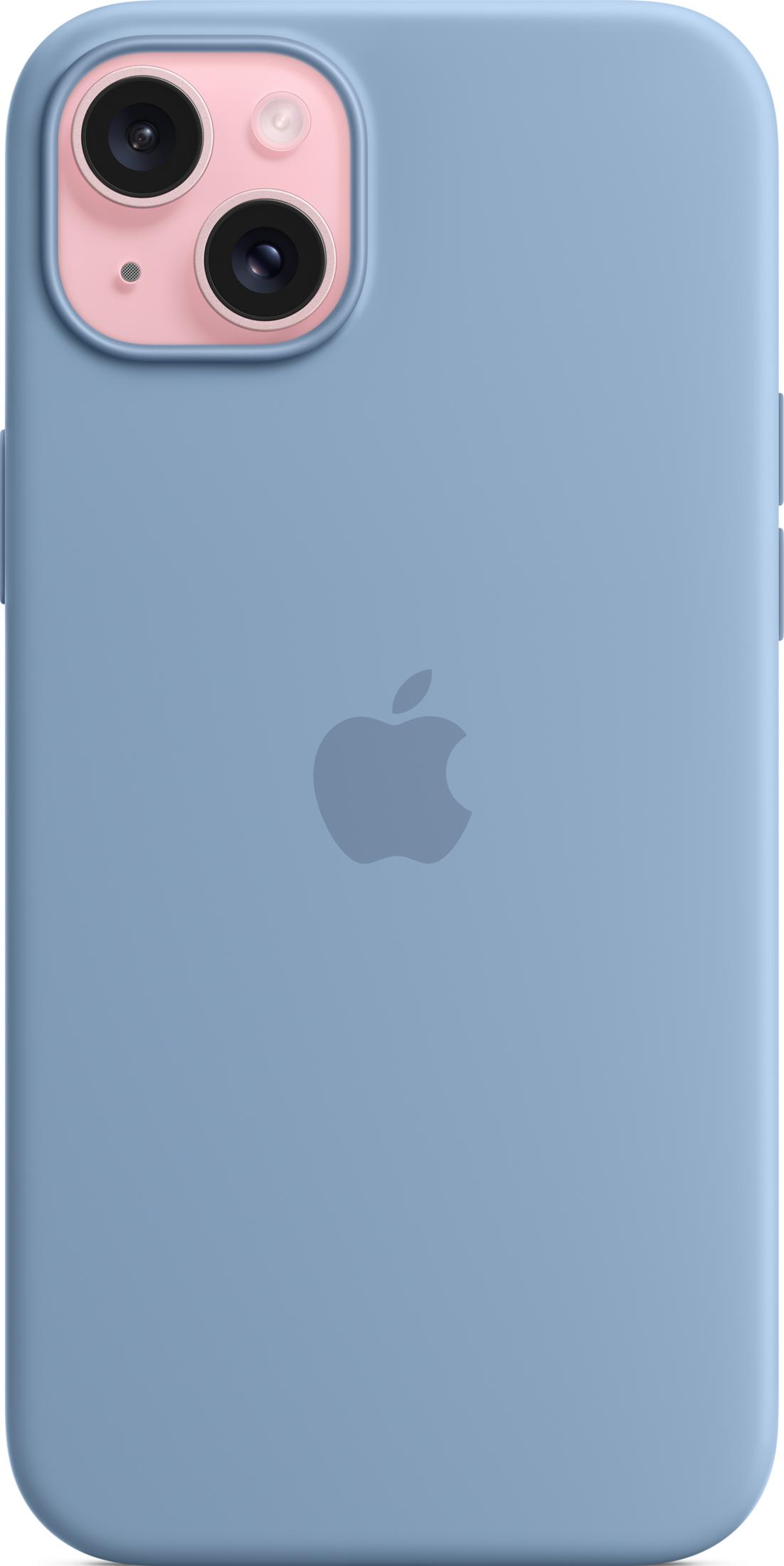 Een blauwe iPhone hoes met roze camera-uitsparing en Apple logo.