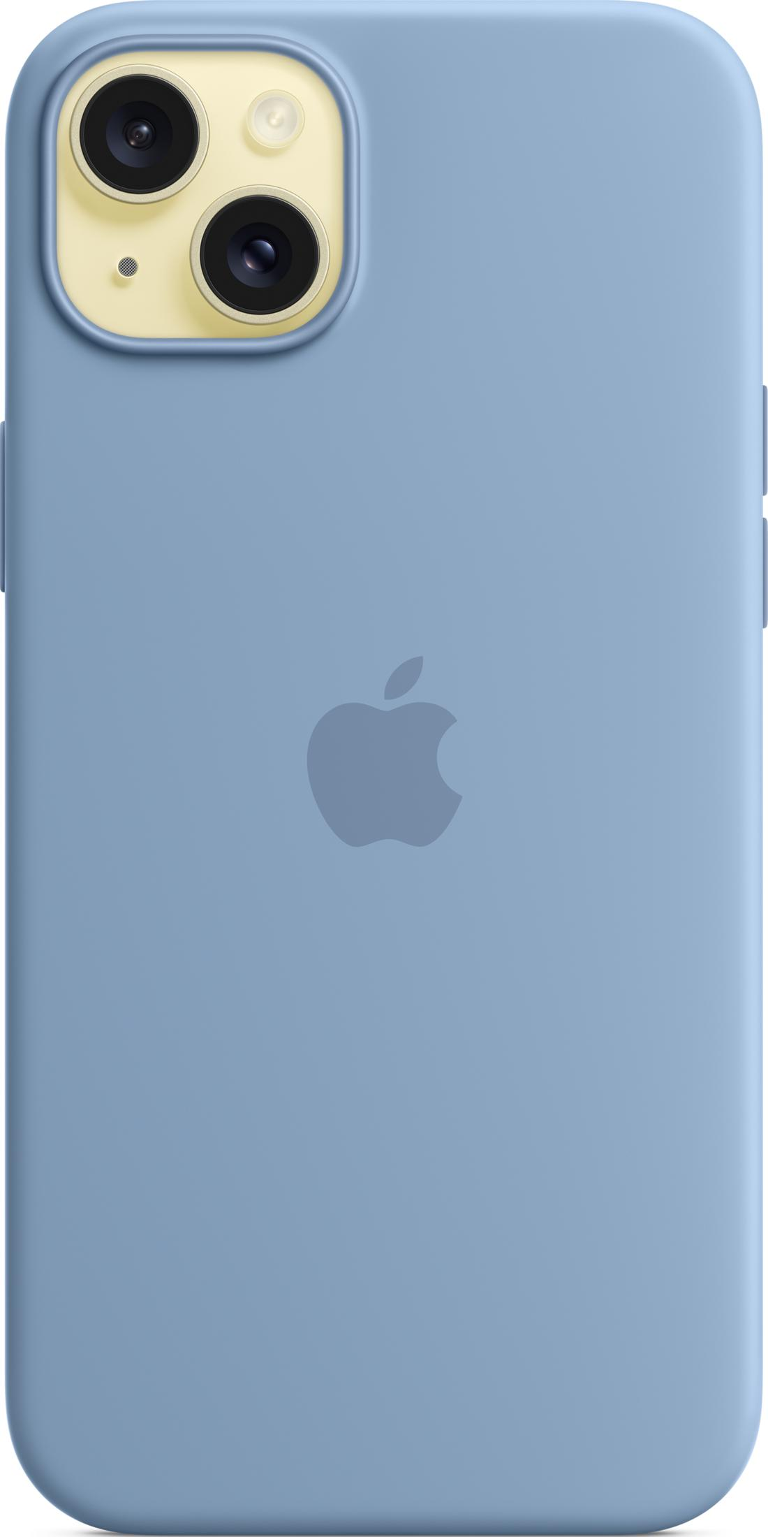 Een blauwe iPhone hoes met twee camera's en een Apple logo.