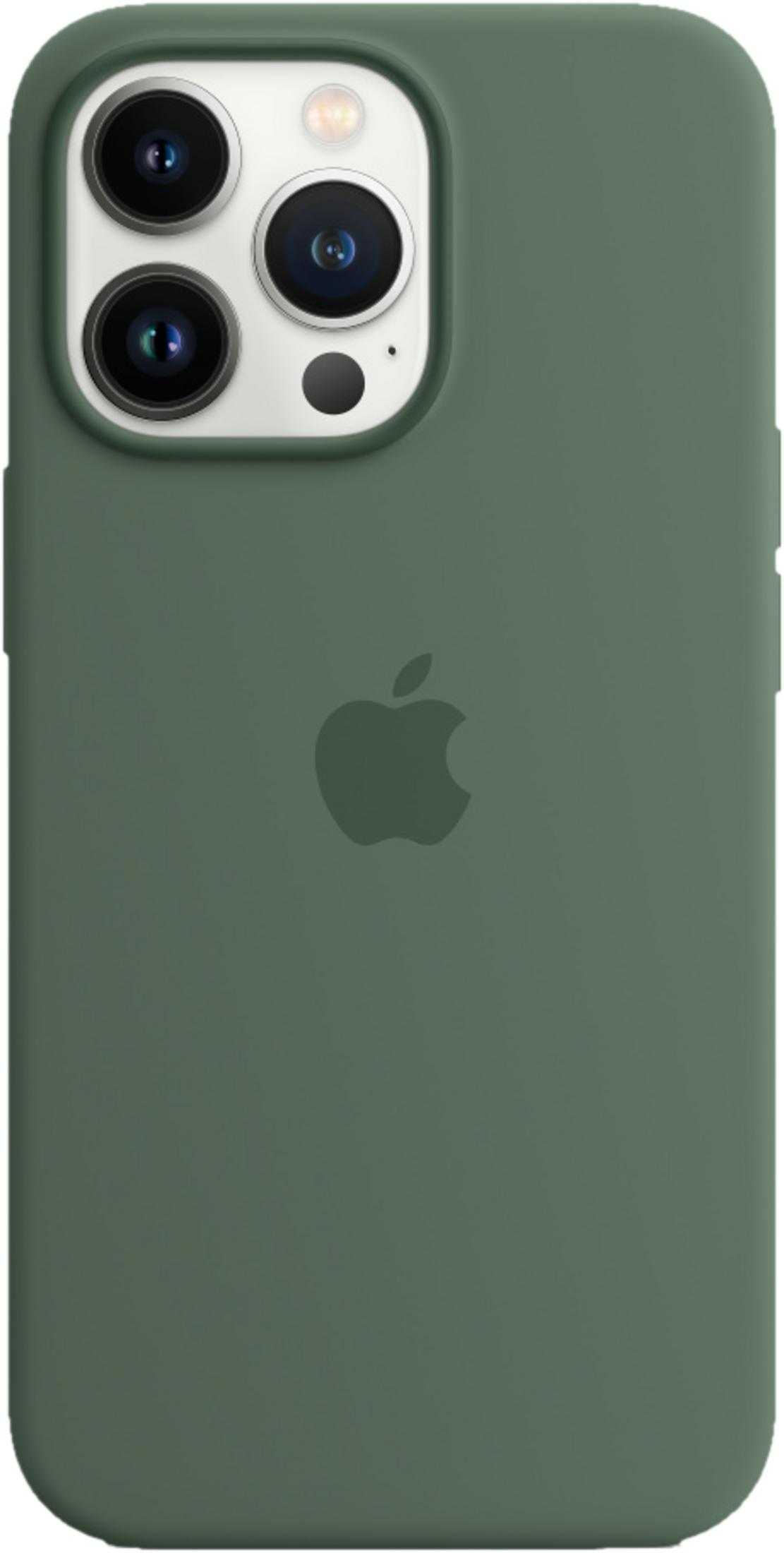 Groene telefoonhoes met drie cameralenssen en Apple logo.