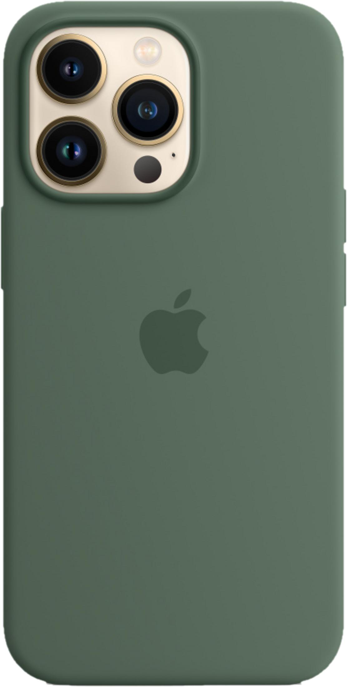 Groene telefoonhoes met Apple logo en drievoudige camera aan de achterkant.