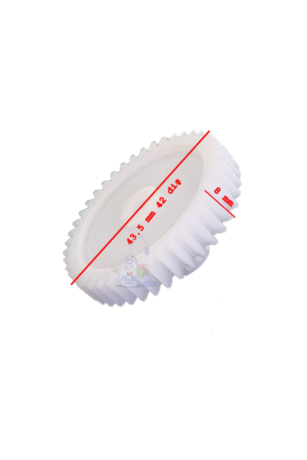 43,5 mm ve 8 mm ölçülerinde beyaz dişli, beyaz arka plan üzerinde.
