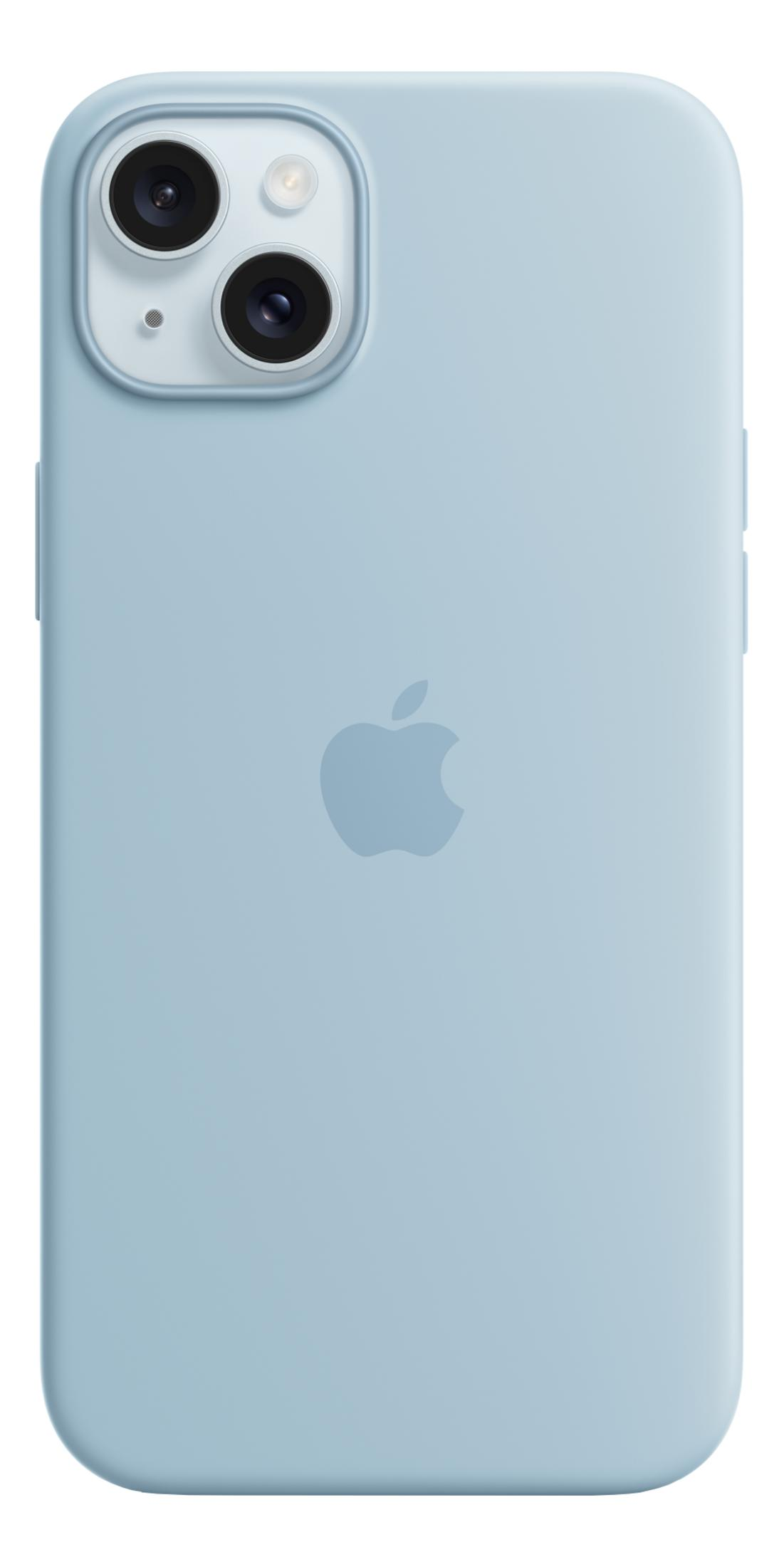Achterkant van een lichtblauwe iPhone met Apple-logo en dubbele camera.