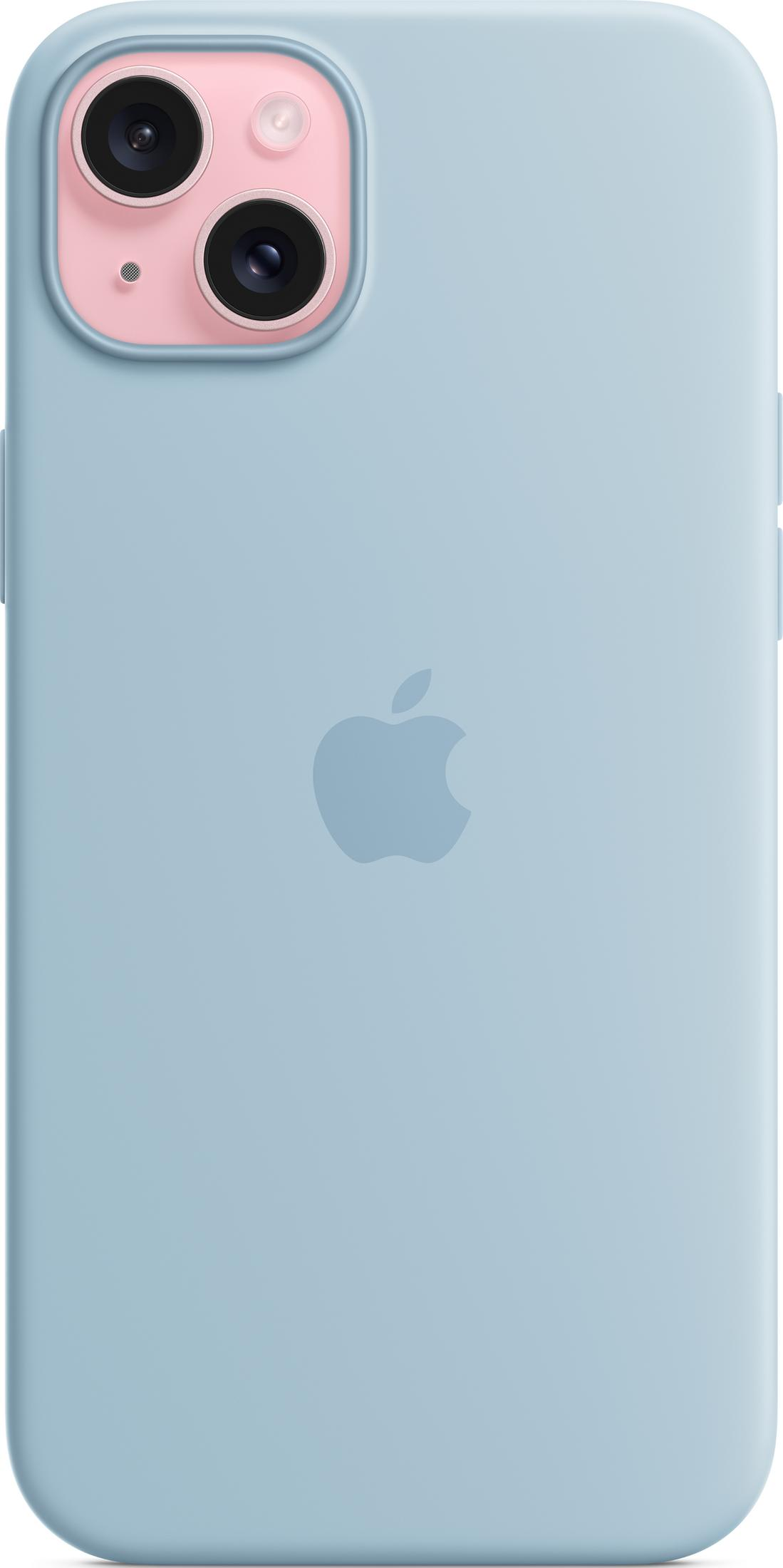 Lichtblauwe telefoonhoes met Apple logo en roze camera-uitsparing.