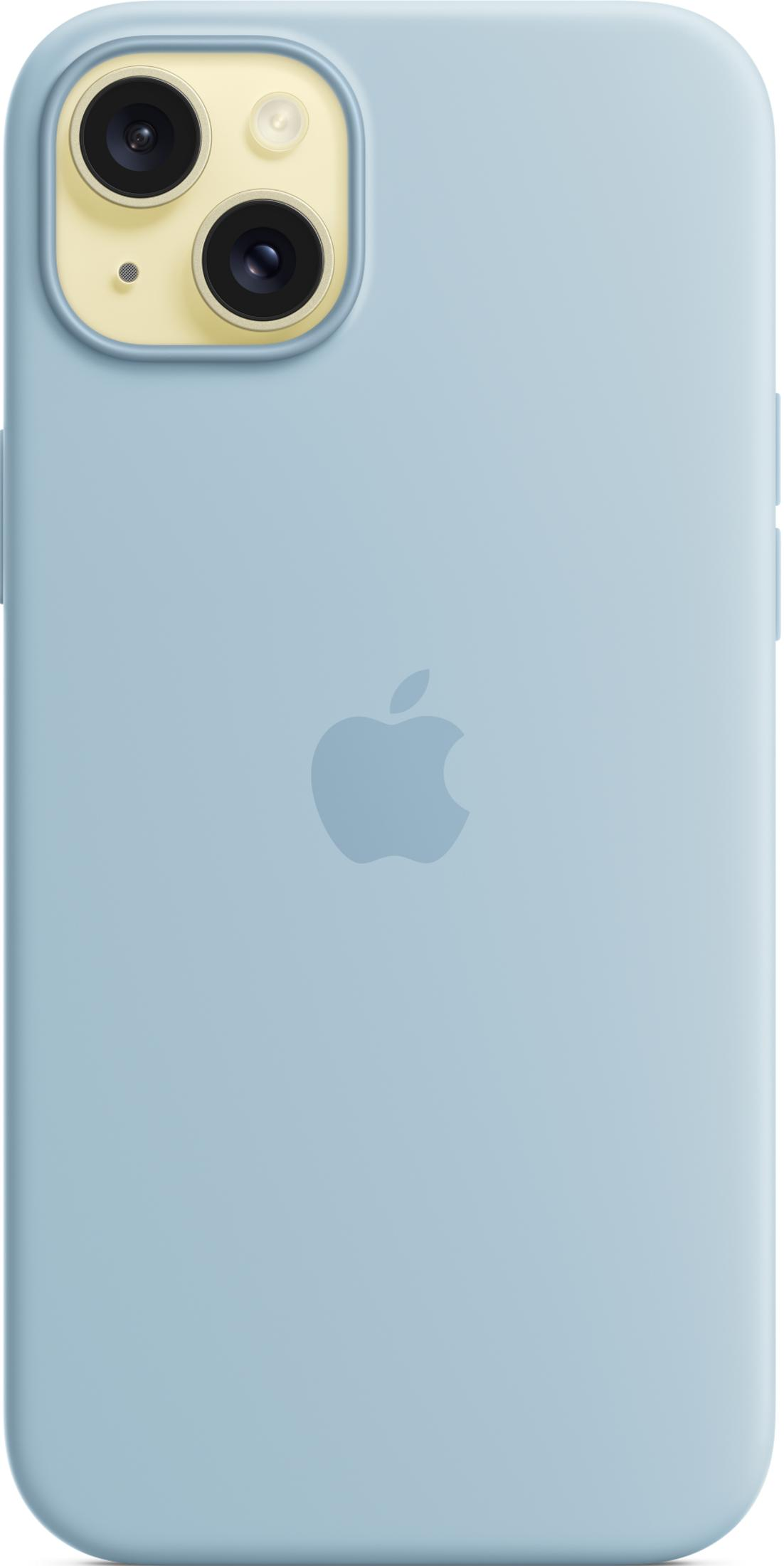 Lichtblauwe iPhone met dubbele camera en Apple-logo op de achterkant.