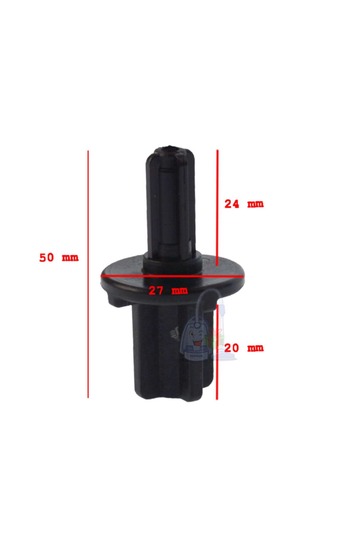 Siyah plastik perçin, 50mm uzunluk, 27mm genişlik, 24mm yükseklik.
