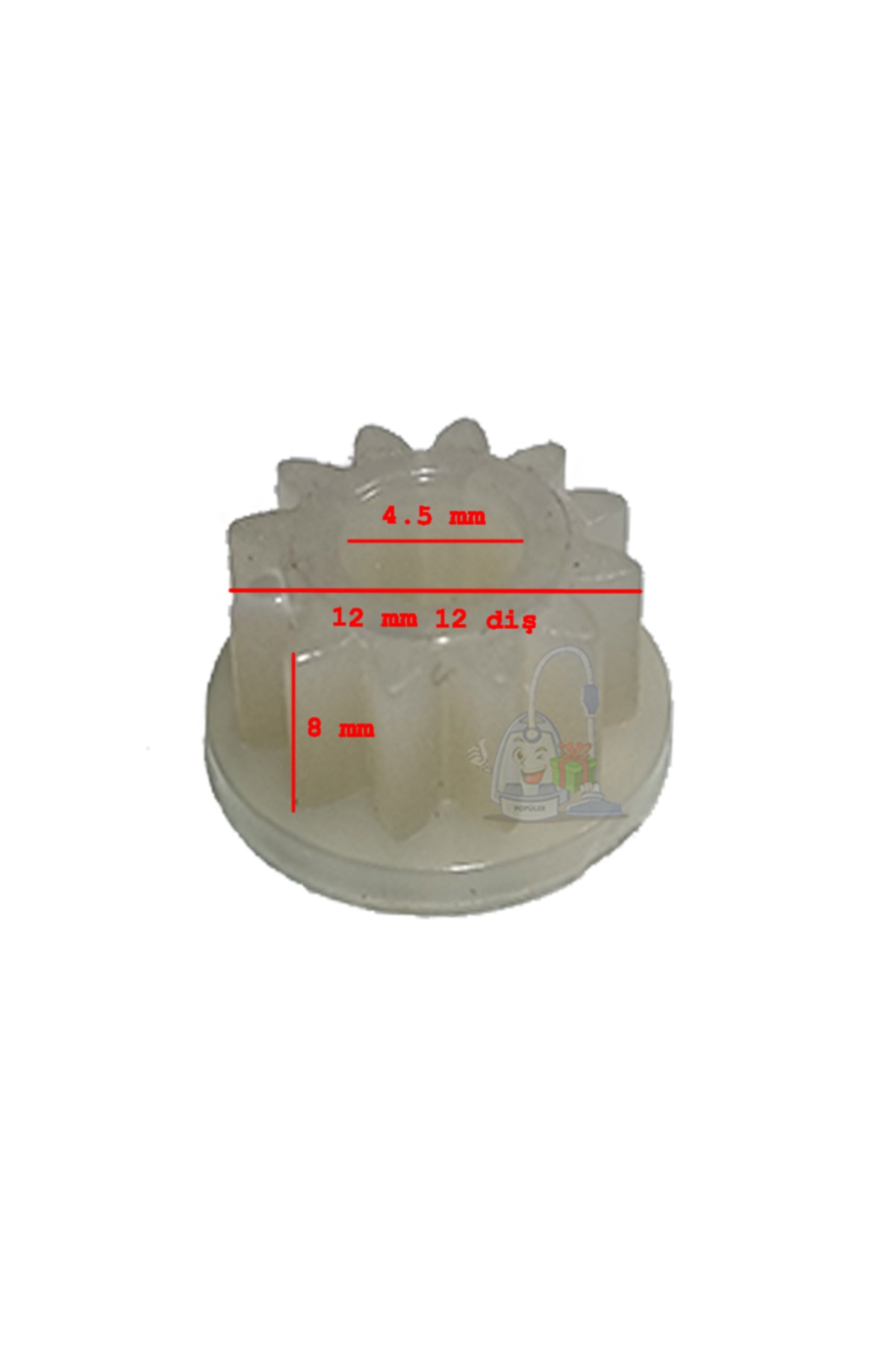 4,5 mm, 12 mm ve 8 mm ölçülerinde beyaz bir dişli.