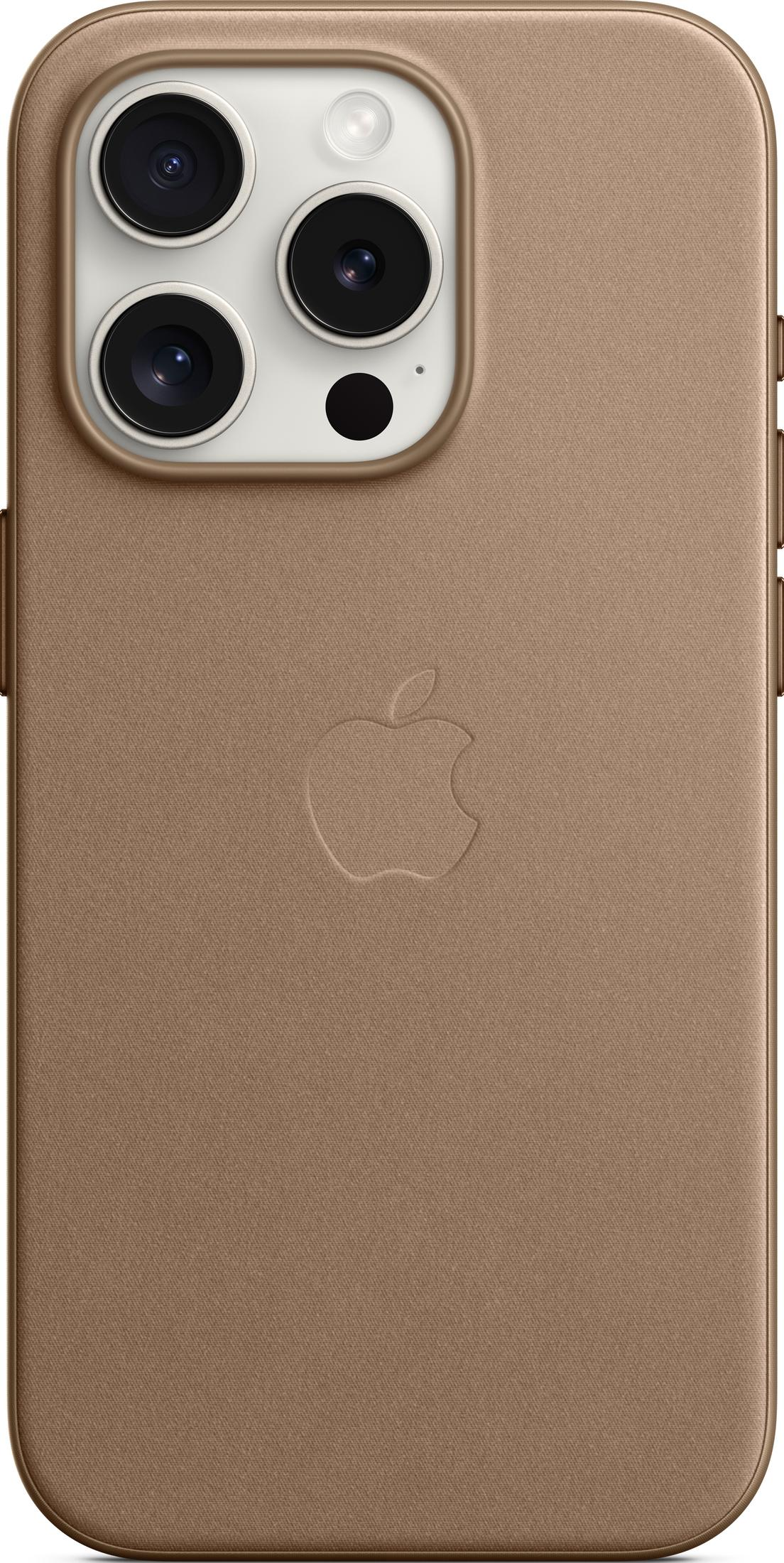 Bruine telefoonhoes met drie cameralenzen en Apple-logo.