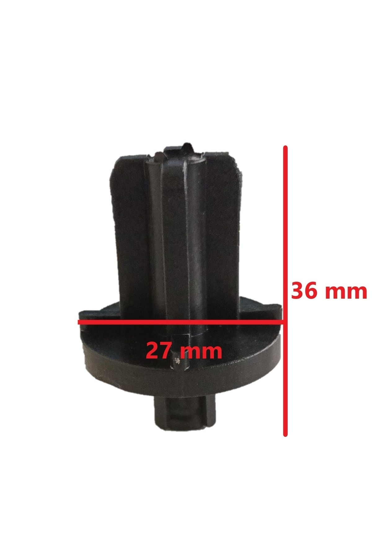 Beyaz arka plan üzerinde 27 mm ve 36 mm boyutlarında siyah plastik parça.