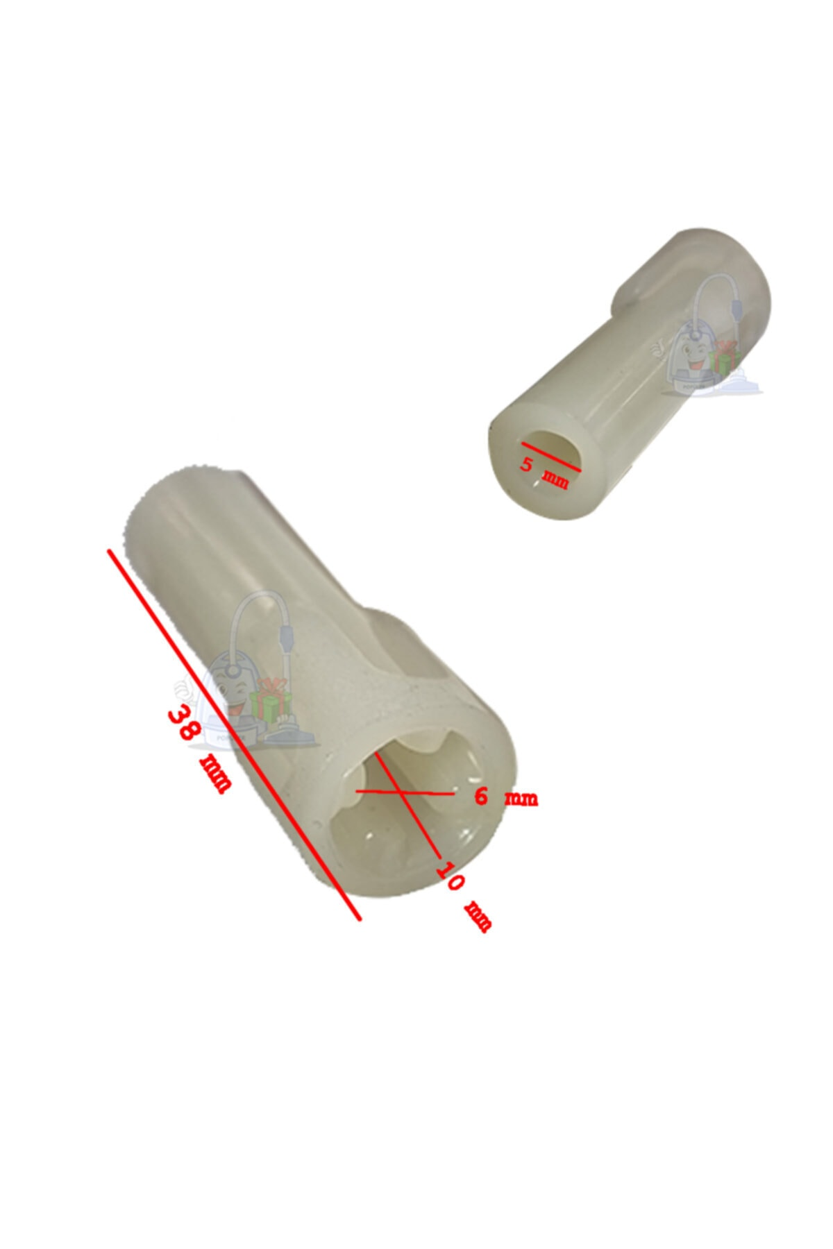 İki beyaz plastik parça, biri 38 mm uzunluğunda.