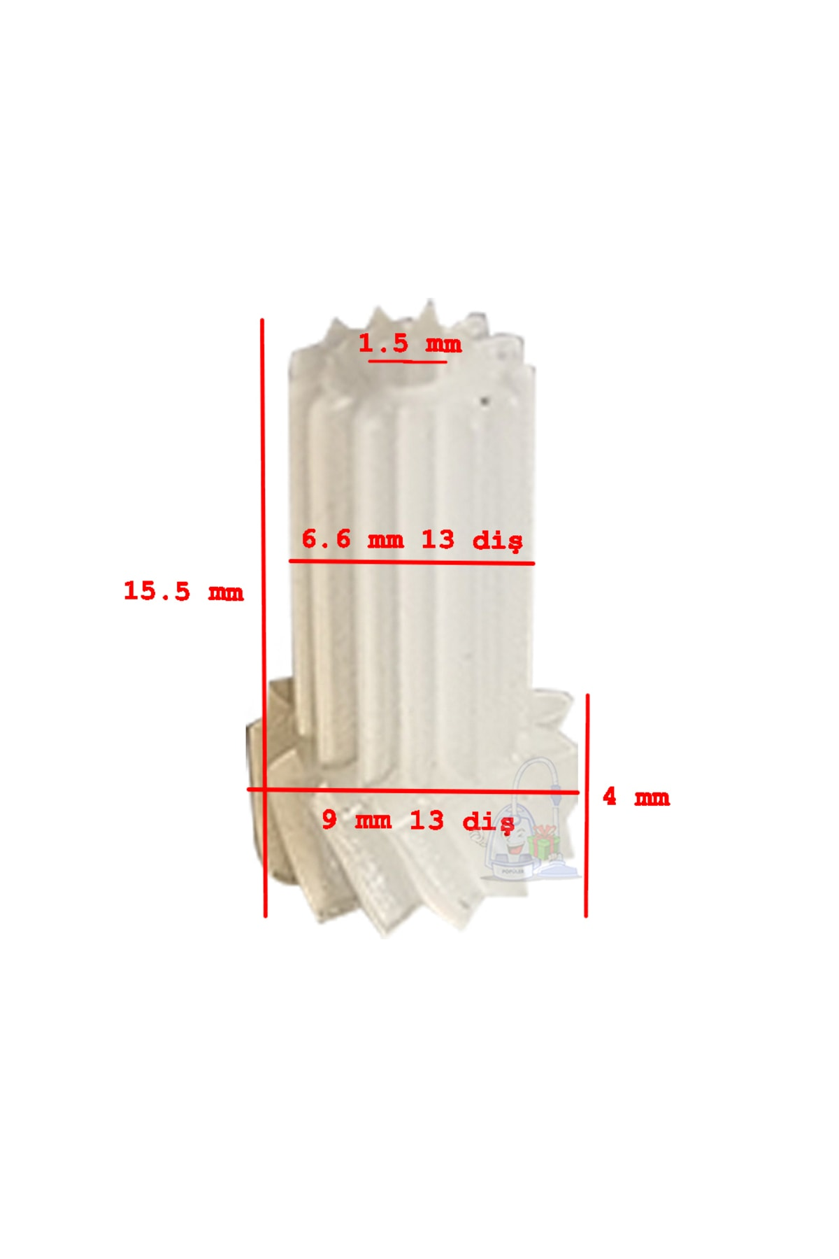Ölçülerle beyaz bir dişli: 1,5 mm, 6,6 mm, 15,5 mm, 9 mm, 4 mm.