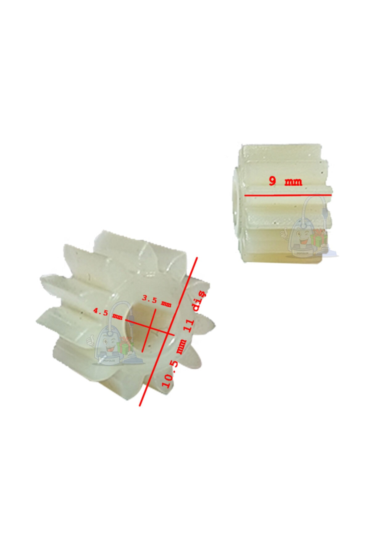 Boyutları belirtilmiş iki beyaz plastik dişli: 9 mm, 3,5 mm, 4,5 mm ve 10,5 mm.