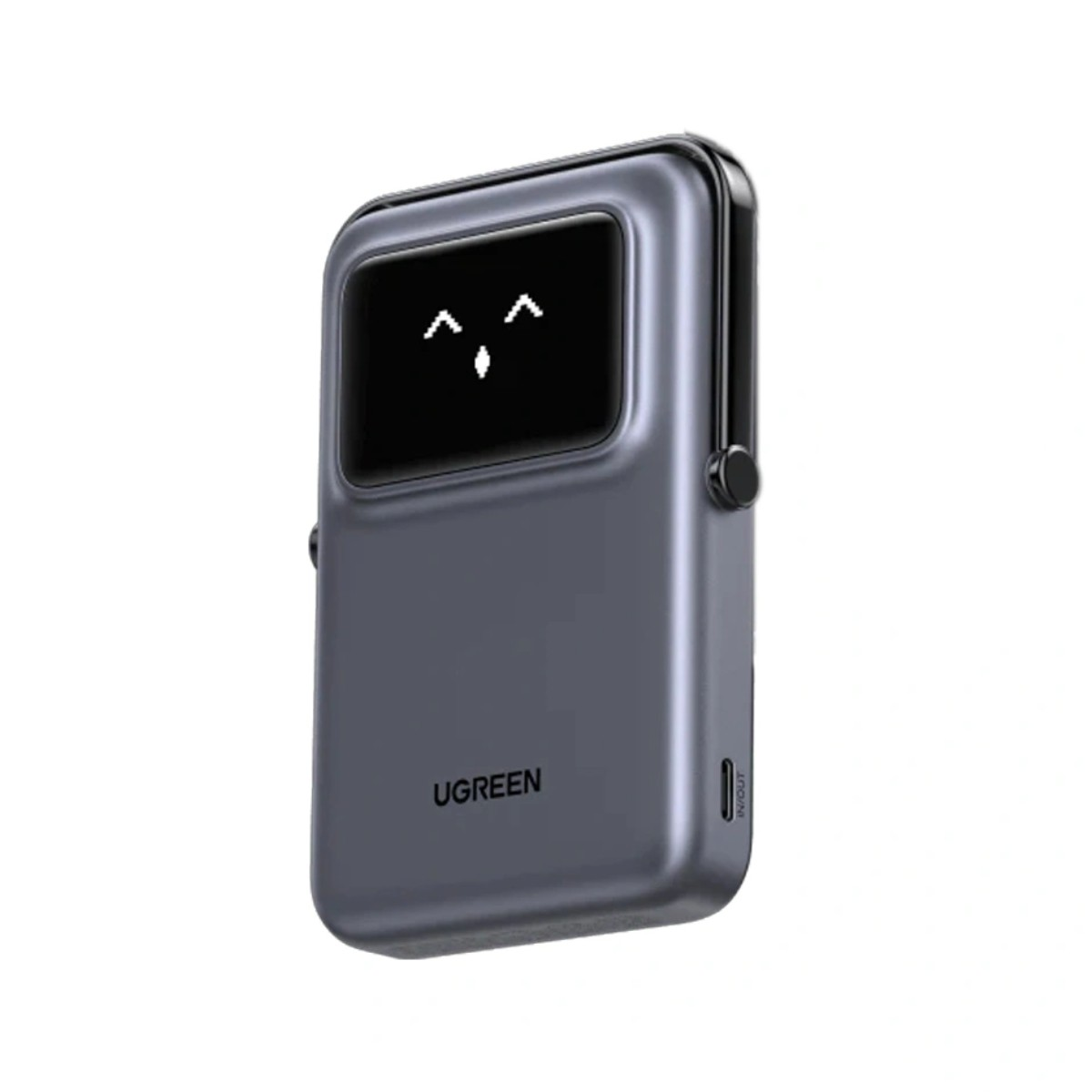 Szary powerbank UGREEN z cyfrową twarzą na ekranie.