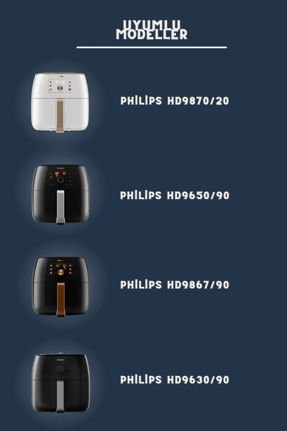 Dört Philips Airfryer: beyaz, gümüş saplı siyah, altın saplı siyah, siyah.