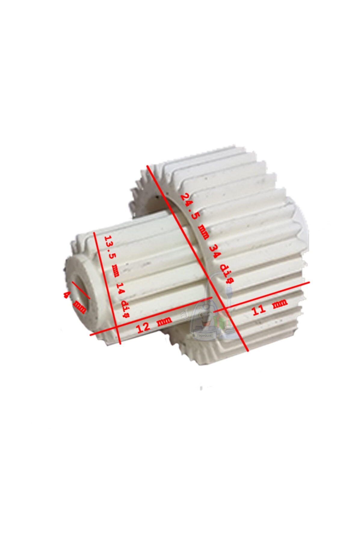 Boyutları: 24,5mm, 13,5mm, 12mm, 11mm ve 1mm olan beyaz bir dişli.