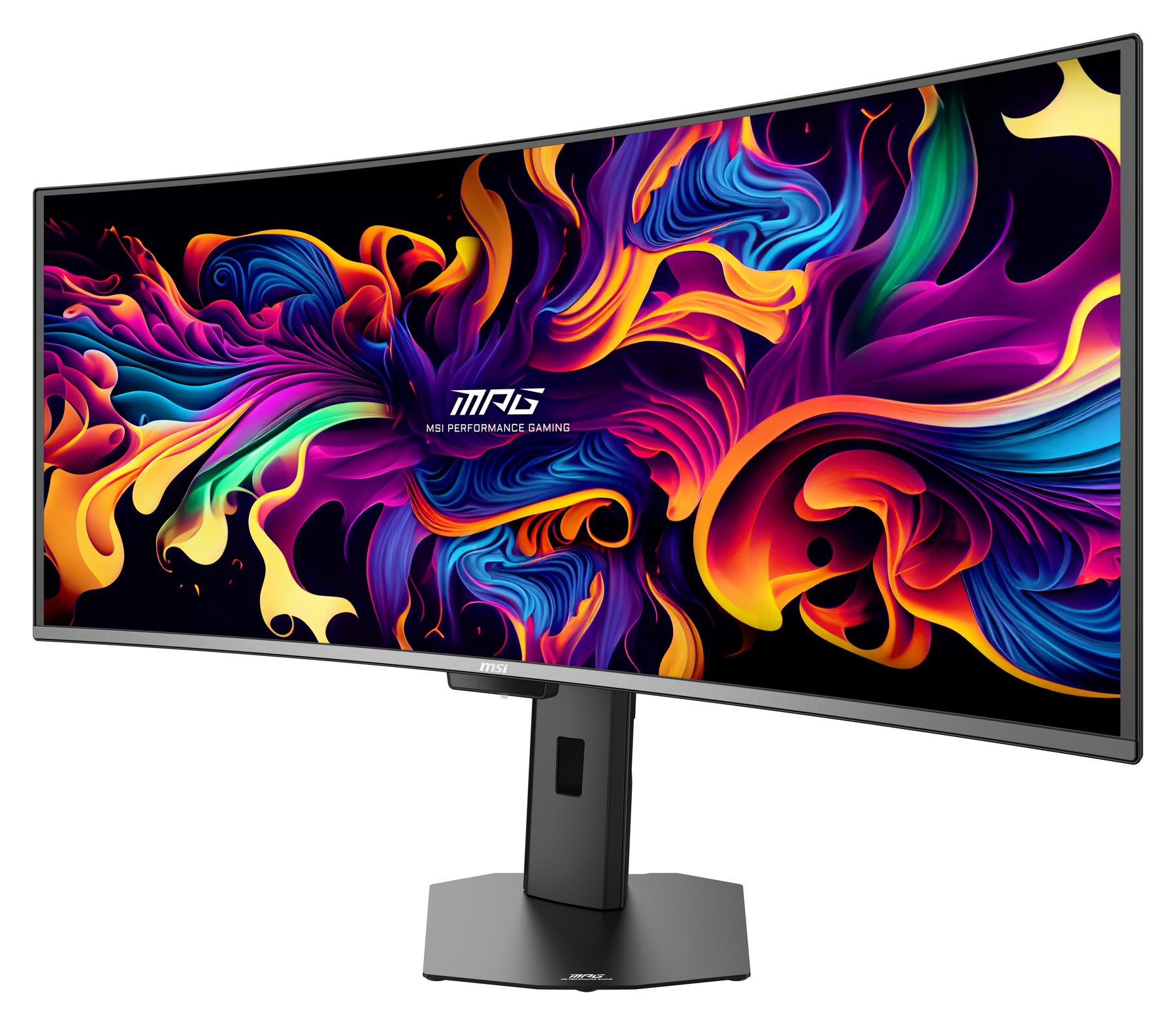 Un monitor MSI curvo che visualizza un salvaschermo astratto e vibrante.