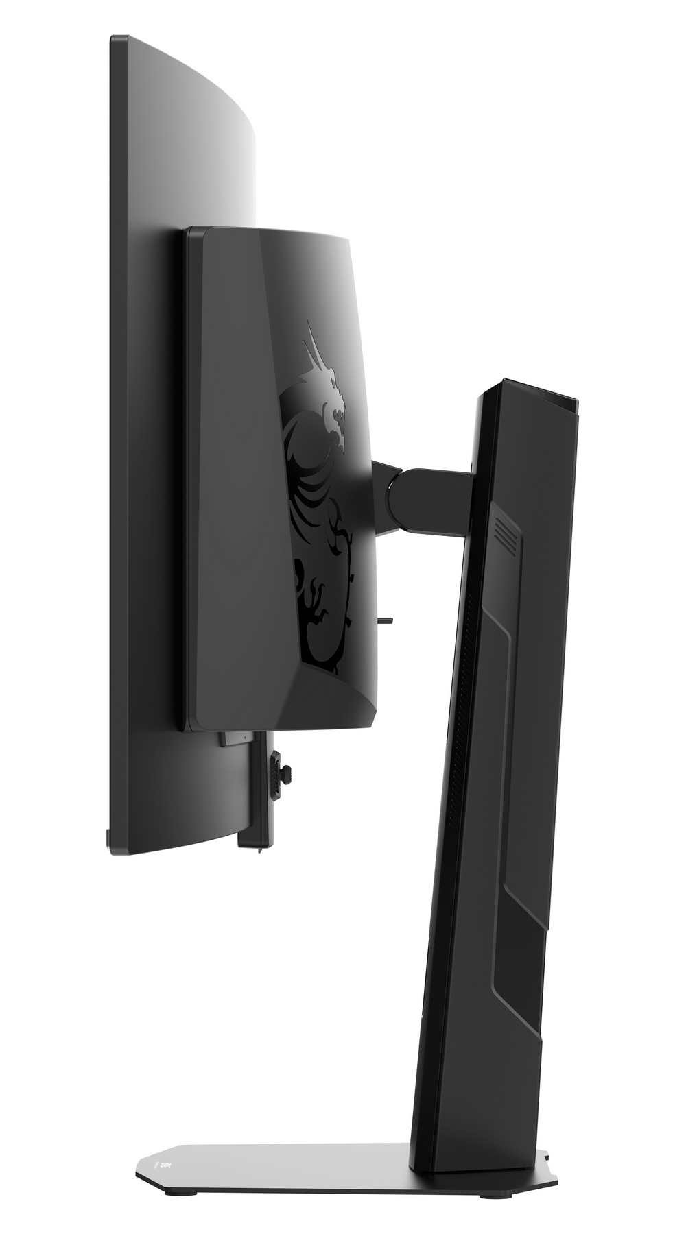Monitor gaming nero con logo drago sul retro e supporto sottile.