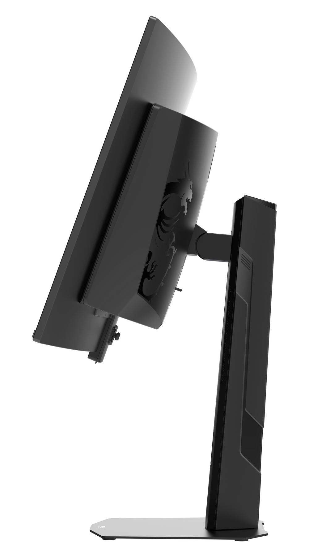 Monitor nero con supporto e logo del drago sul retro.