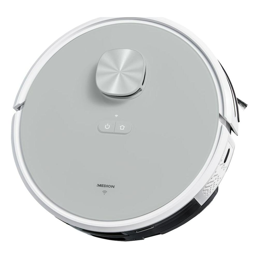 Okrągły, biały robot sprzątający ze srebrnymi akcentami i logo Medion.