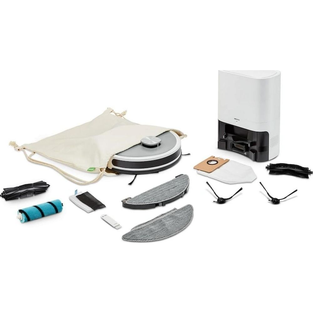 Części robota odkurzającego: stacja bazowa, robot, szczotki, mopy, worki i wałek.