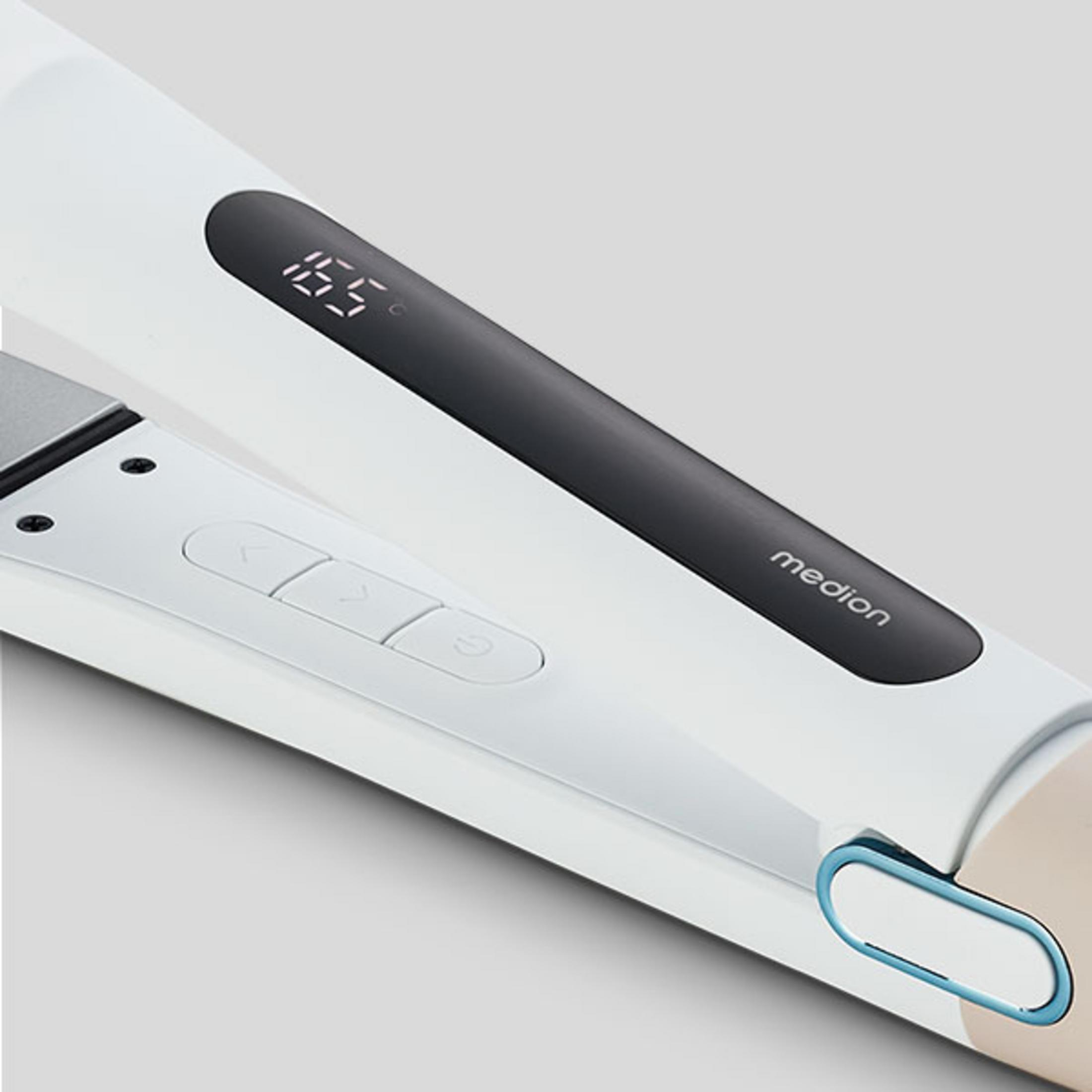 Biała prostownica z czarnym wyświetlaczem pokazującym 165°C.