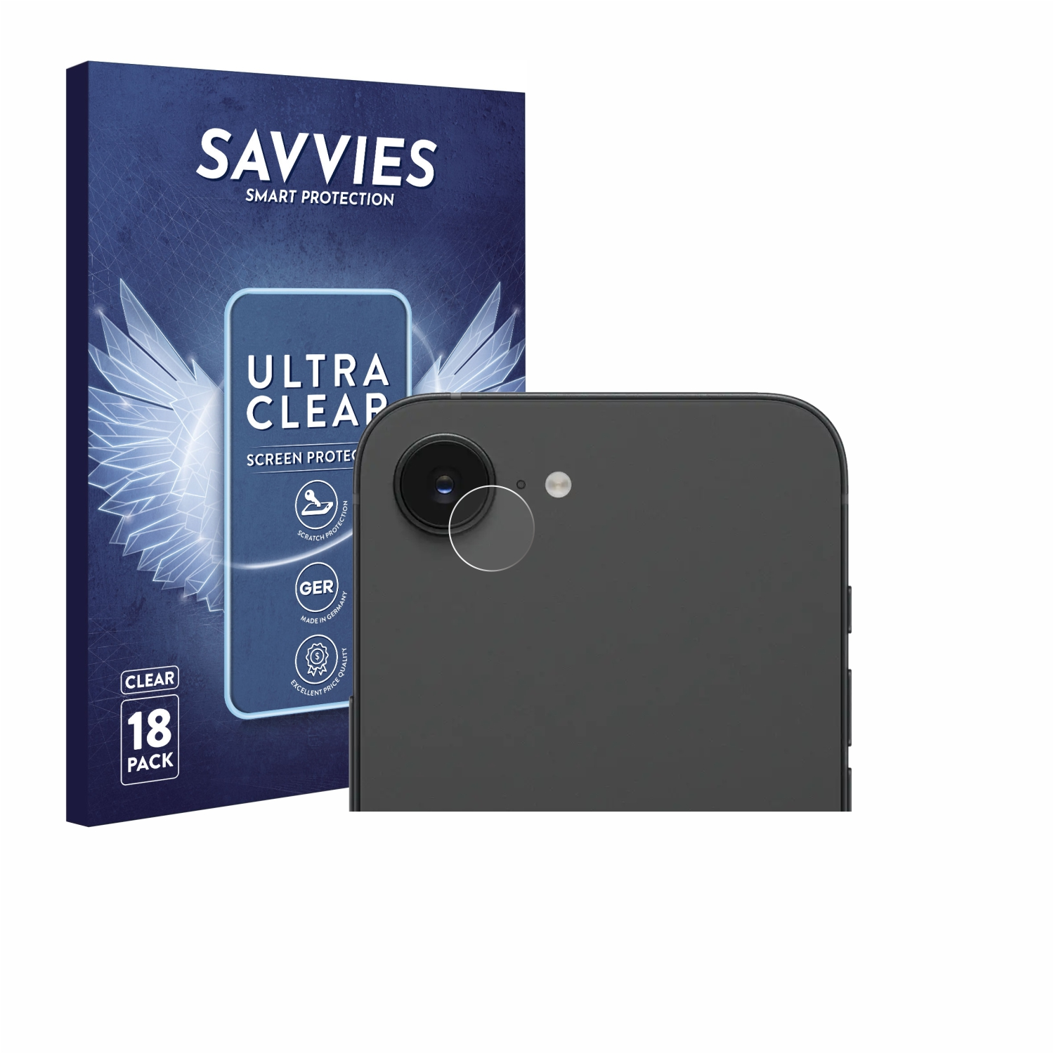Verpackung von Savvies Displayschutzfolien und eine Handy-Rückseite mit Kamera.