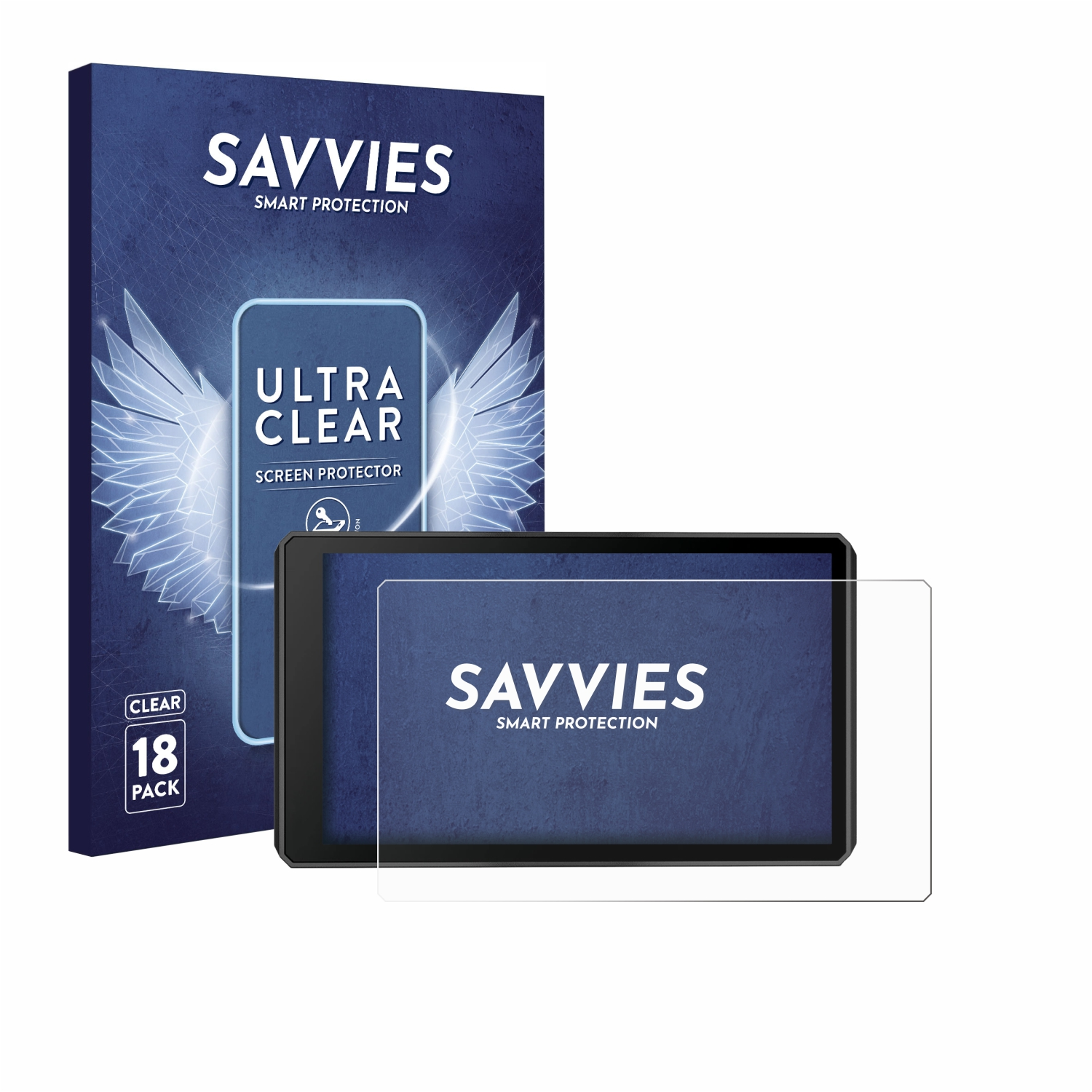 Savvies Displayschutzfolie im 18er Pack mit Verpackung und Tablet.