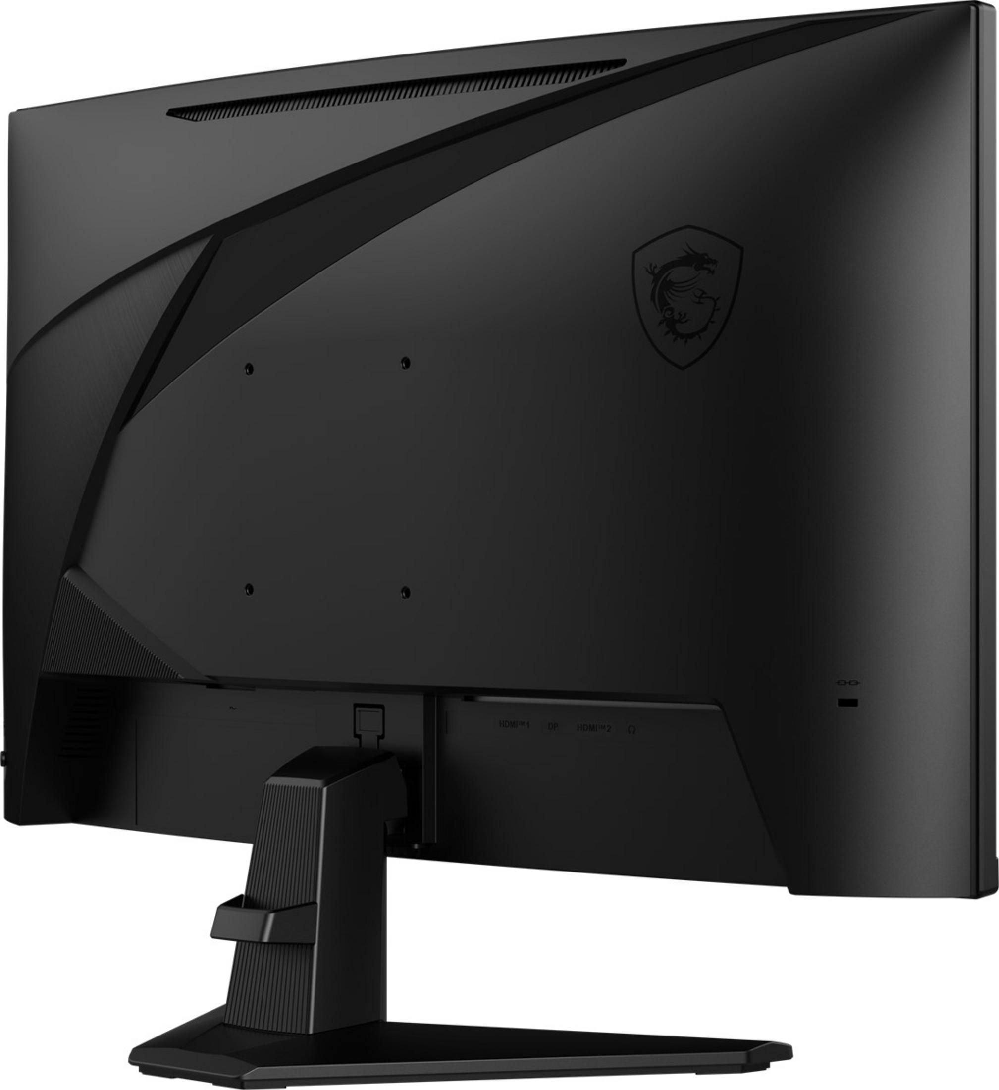 MSI logosu ve bağlantı noktaları olan siyah monitörün arkası.