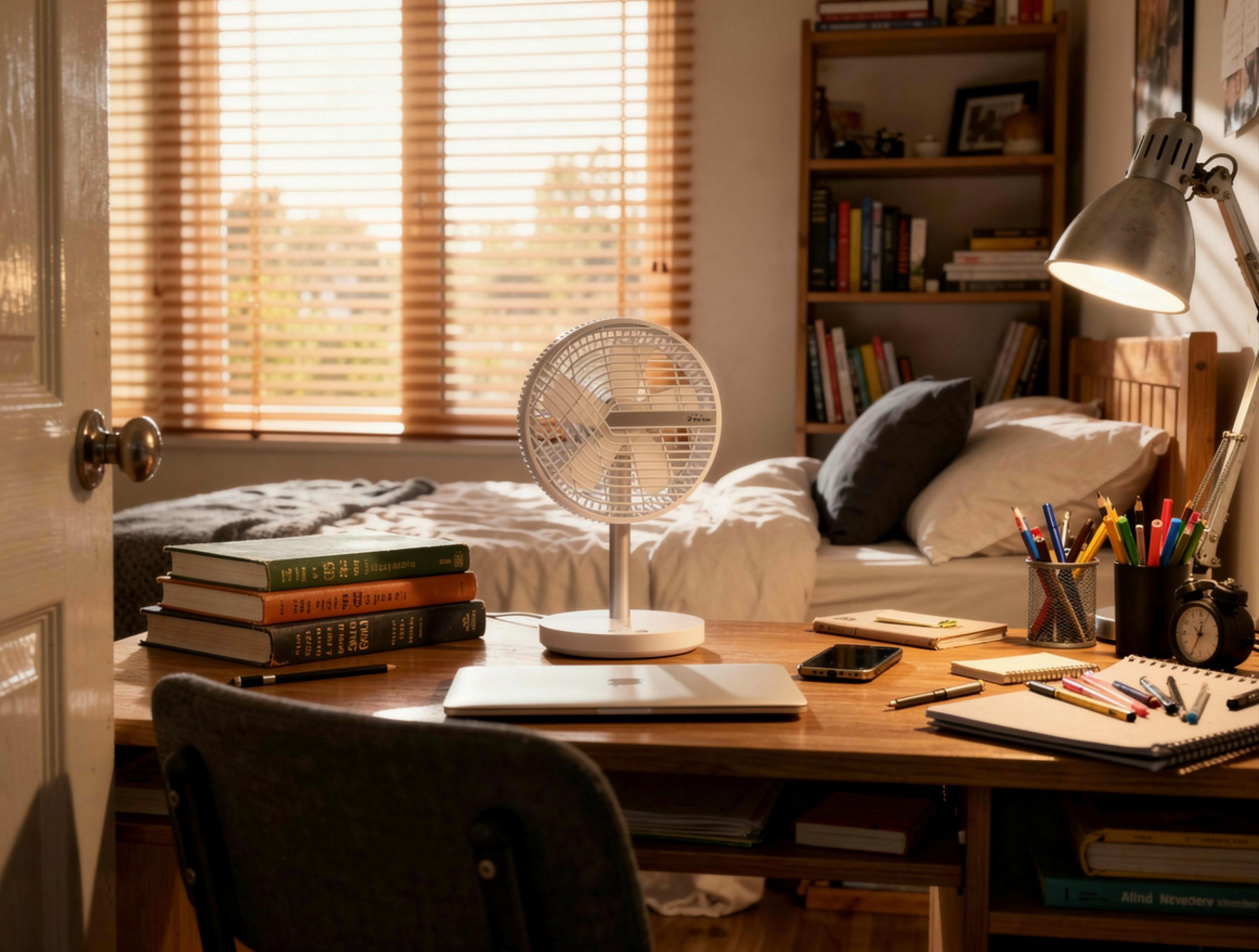 Una scrivania con laptop, libri, penne, sveglia e ventilatore.