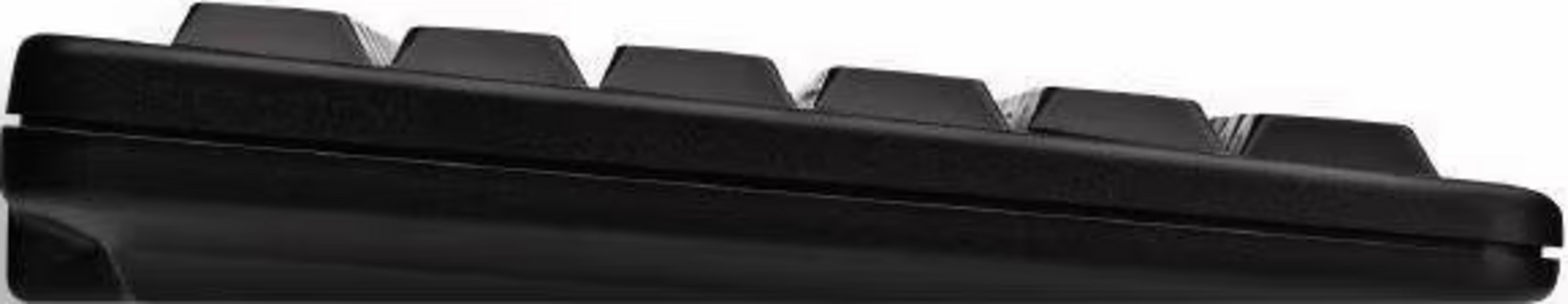 Zbliżenie na czarną klawiaturę z boku, widać kilka klawiszy.