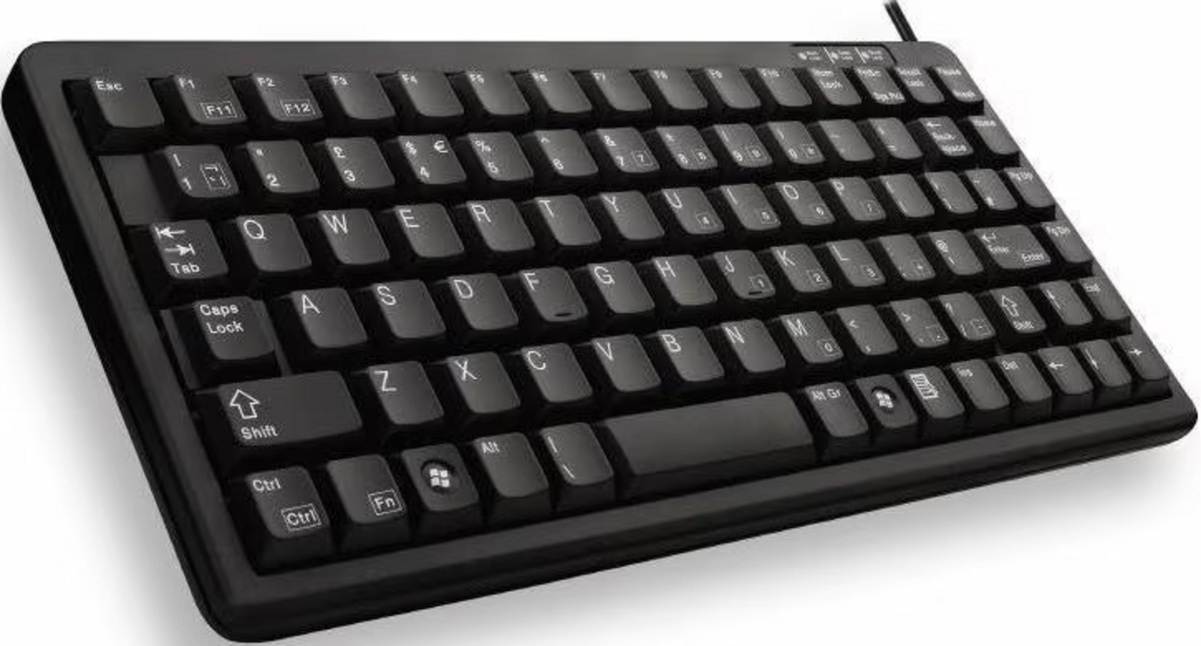 Czarna klawiatura z białymi napisami na klawiszach jest pokazana pod kątem.