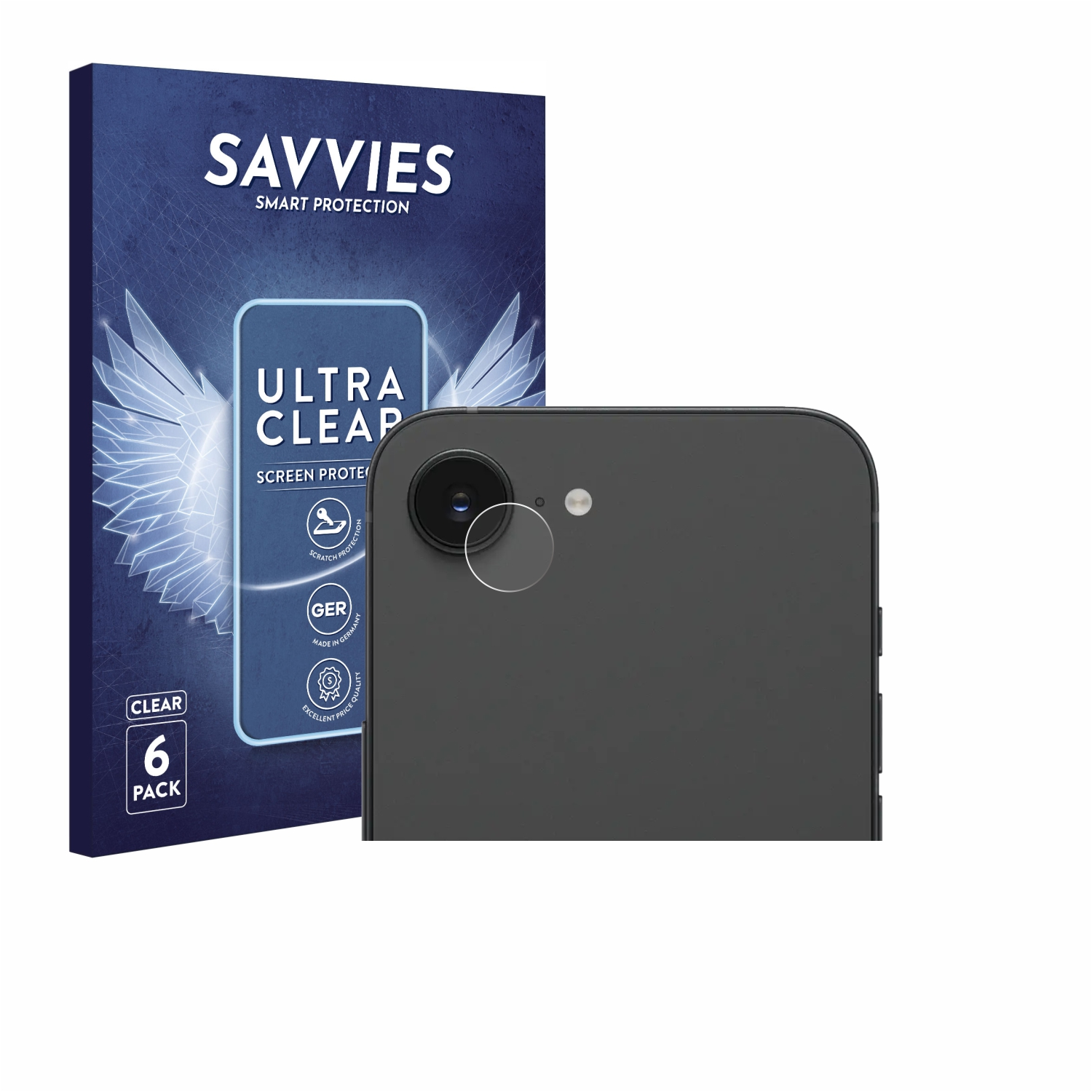 Savvies Verpackung und eine Handy-Rückseite mit angebrachtem Displayschutz.