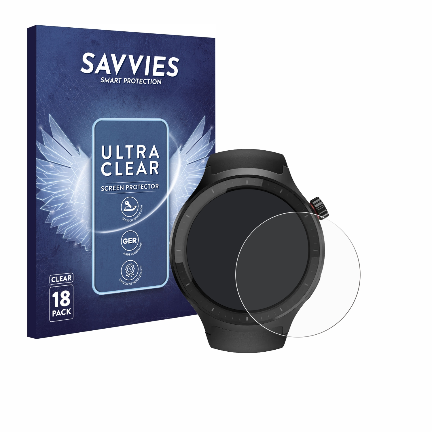 Savvies Smart Protection Verpackung neben einer schwarzen Smartwatch mit Schutzfolie.
