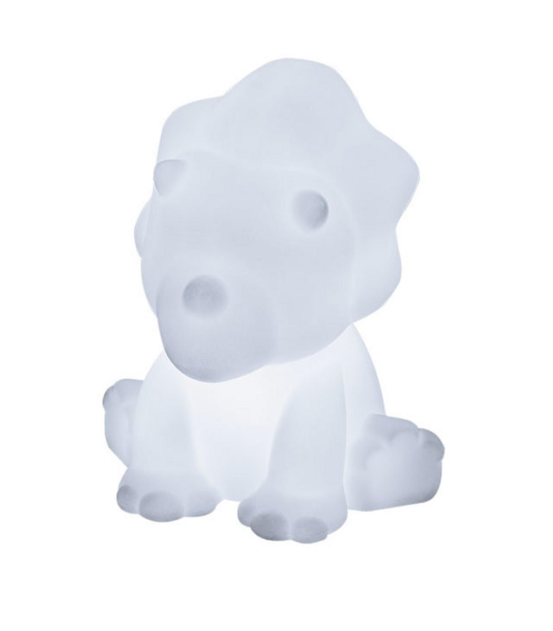 Biały wisiorek nocna lampka dinozaur siedzi.