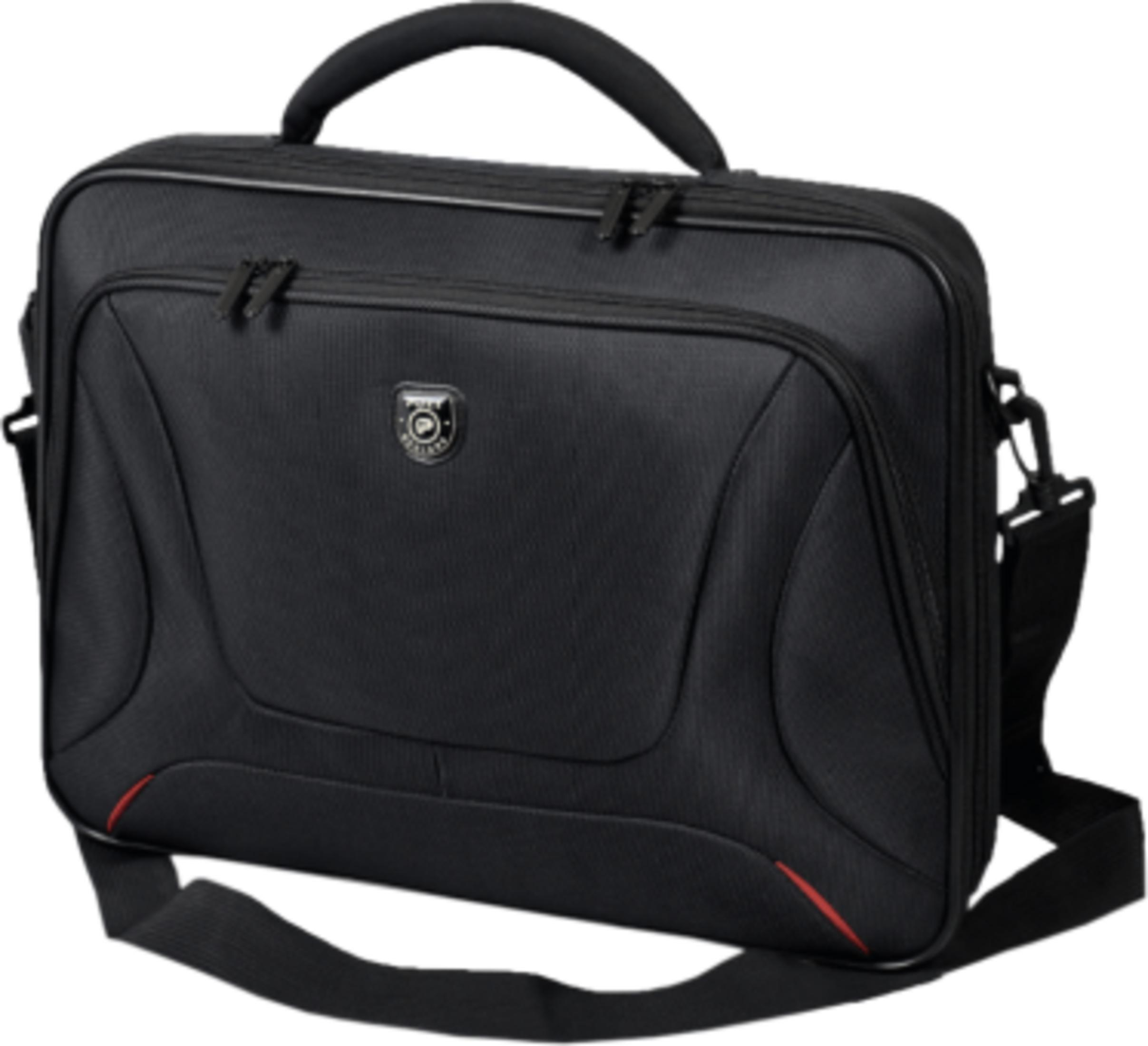 Zwarte laptoptas met handvat, schouderband en rode accenten.