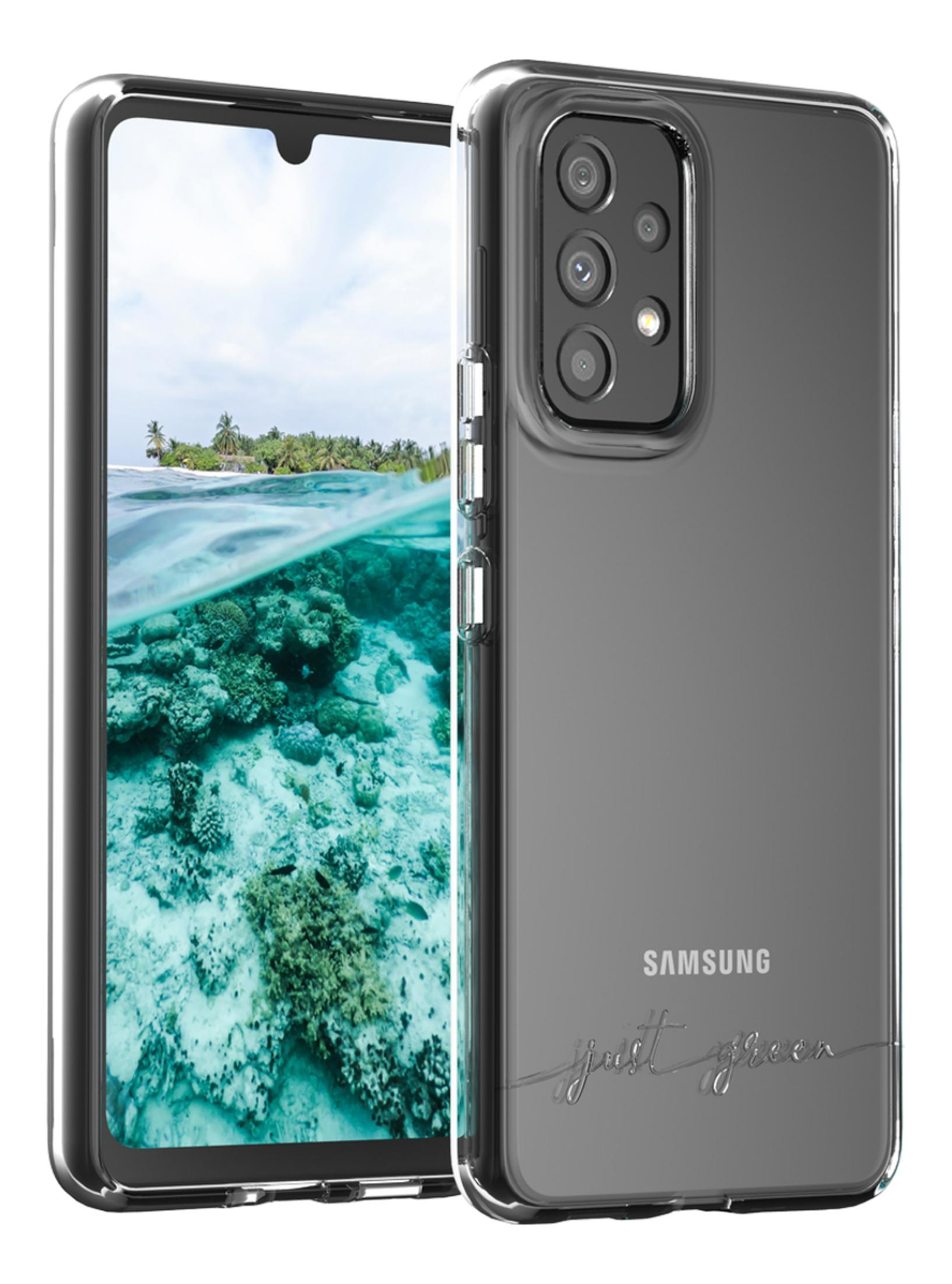 Een smartphone met een doorzichtige hoes met een onderwaterlandschap.