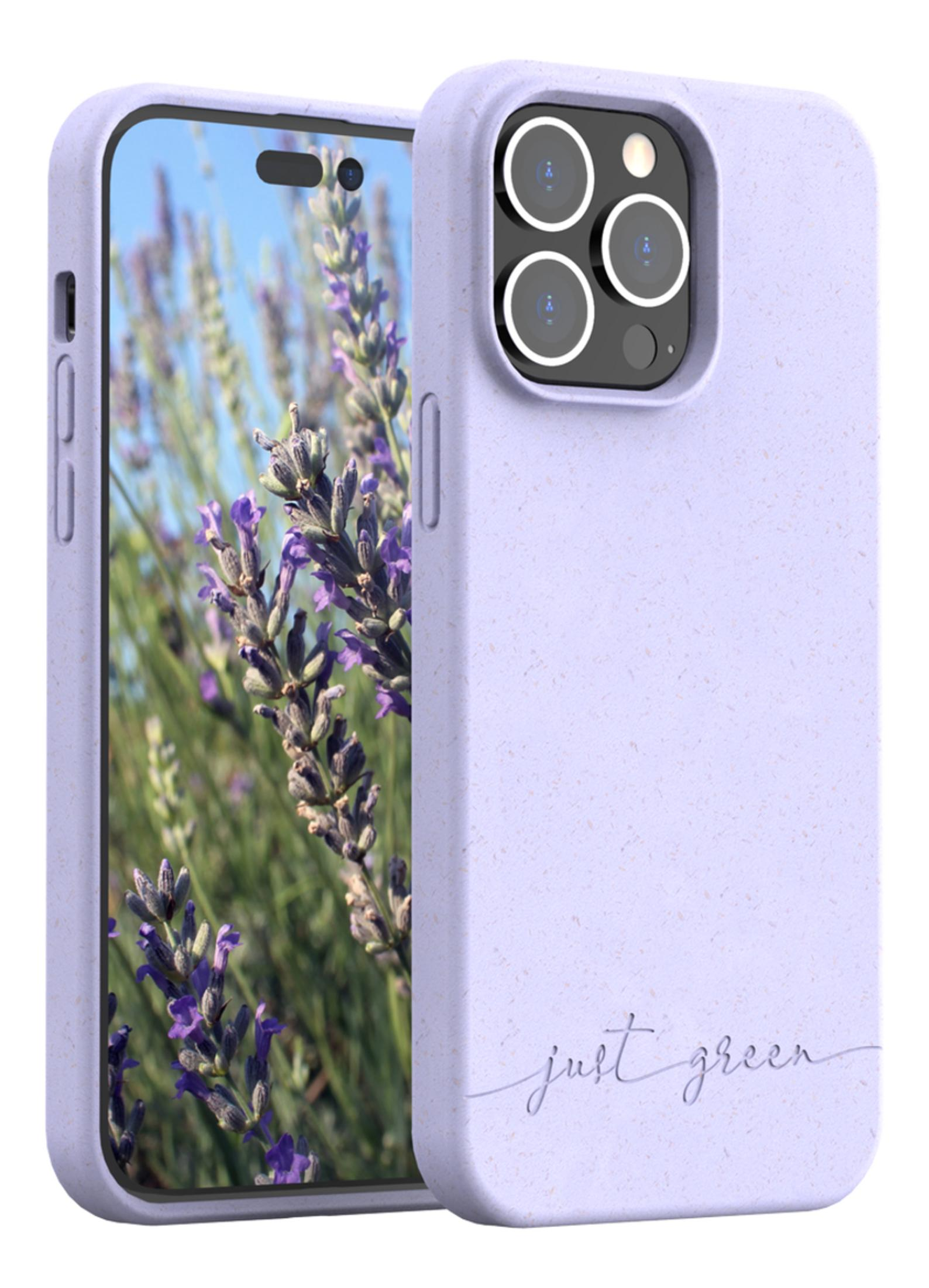 Ein hellviolettes Handycase mit Lavendelbild auf dem Display und Kameramodul.