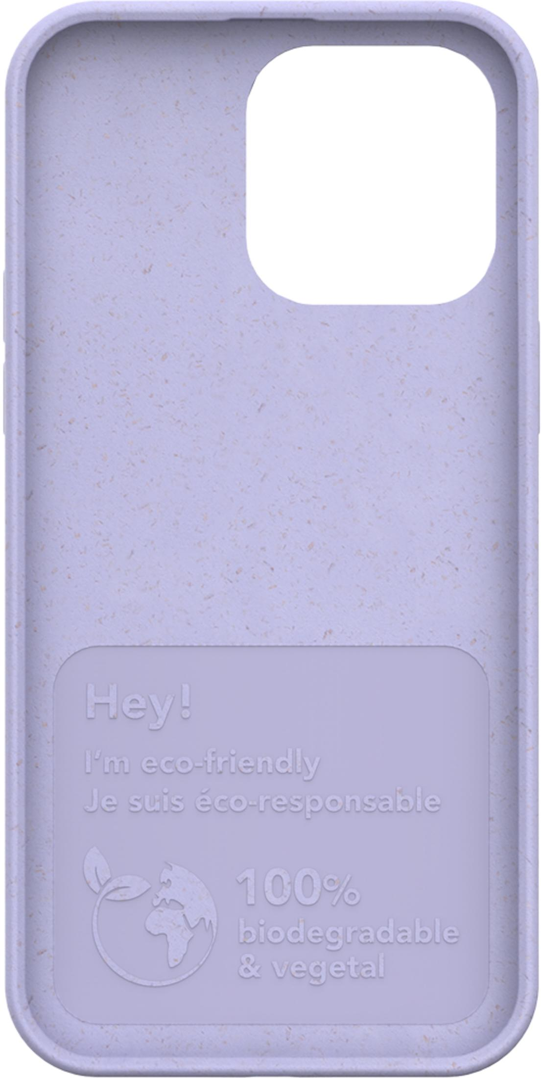 Lavendelfarbene Handyhülle mit Aufdruck: „Hey! Ich bin umweltfreundlich“.