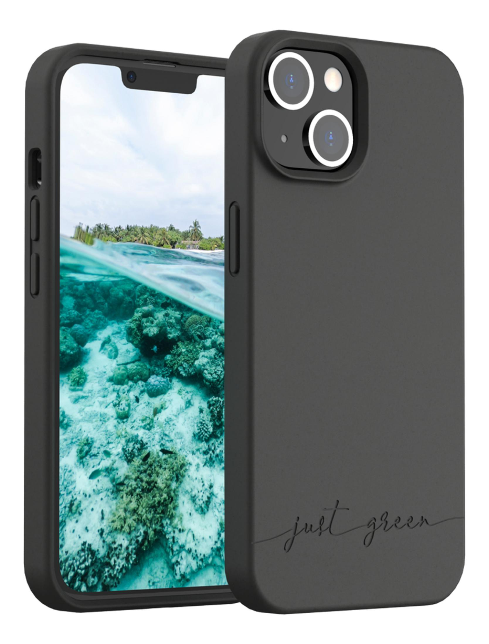 Custodia nera per iPhone con scena subacquea tropicale e testo.
