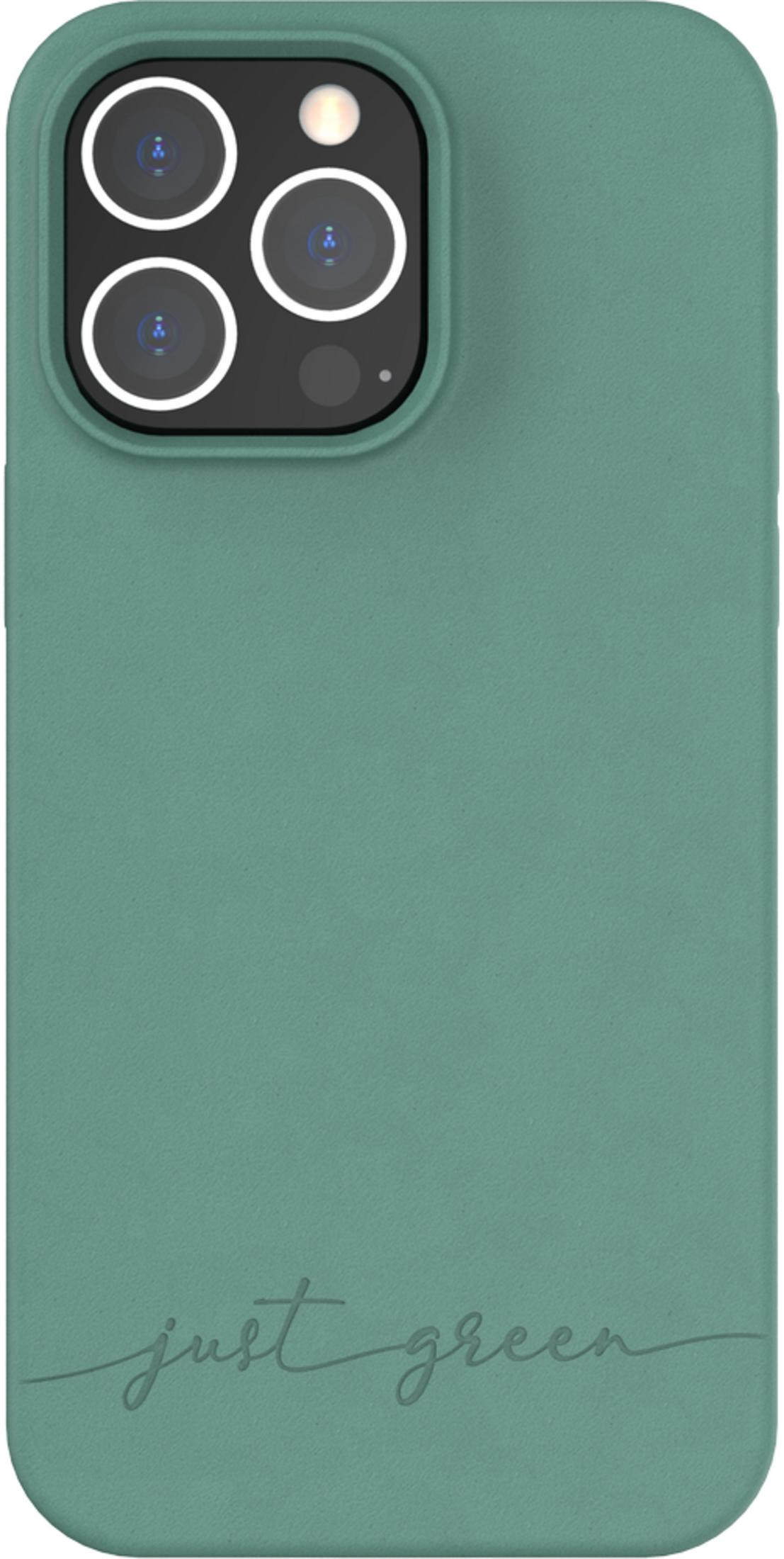 Custodia verde per telefono con modulo fotocamera quadrupla e testo.