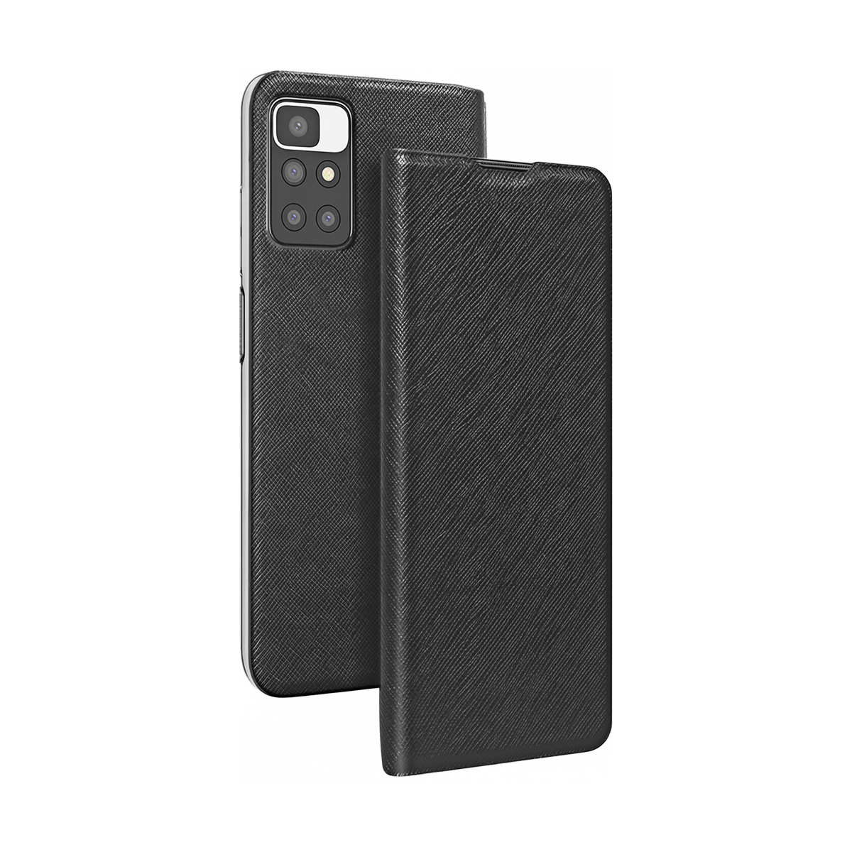 Custodia nera per telefono con sistema di fotocamere e copertina anteriore chiusa.