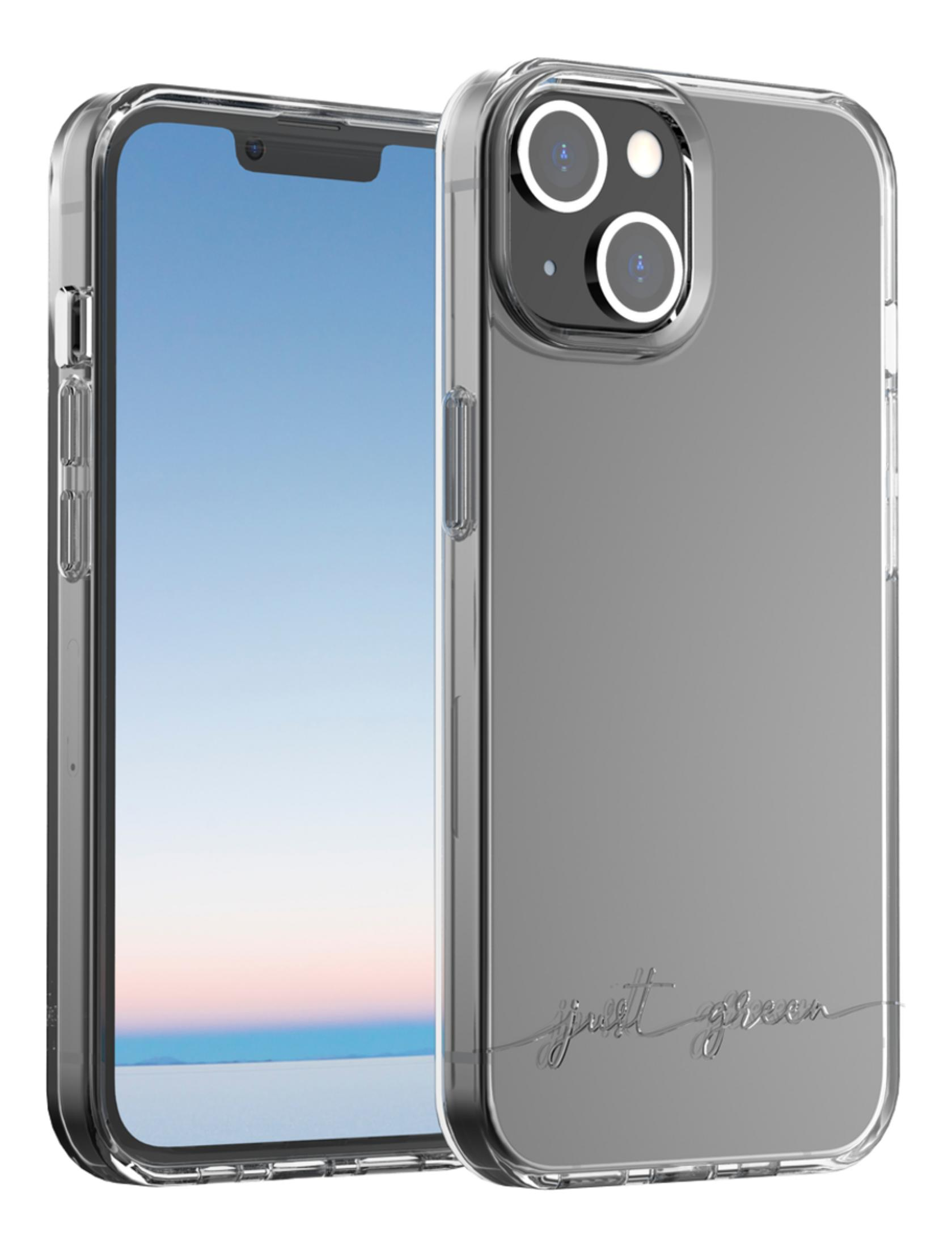 Una custodia trasparente per telefono con sfondo grigio e array di fotocamere.