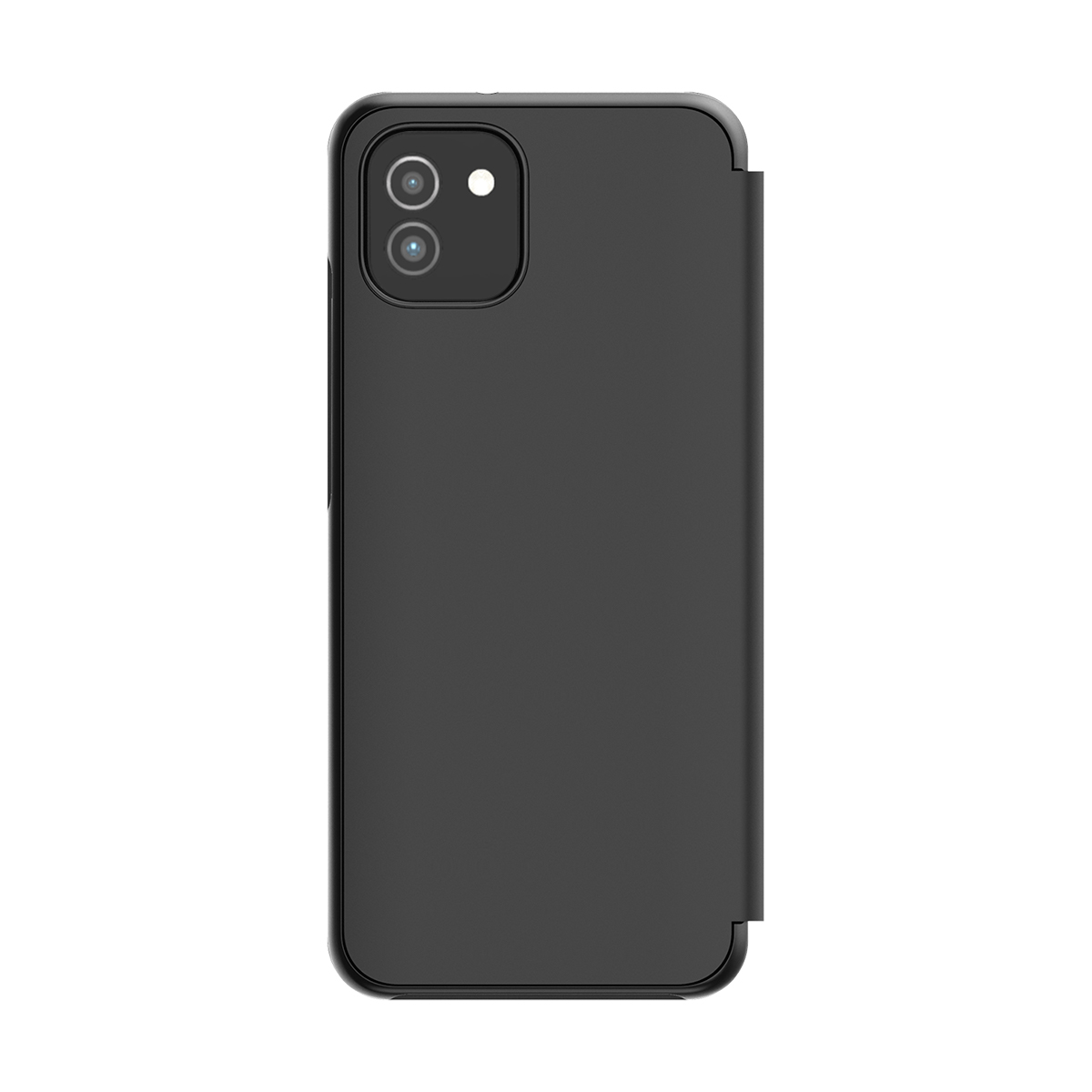 Custodia nera per telefono con modulo fotocamera in alto a sinistra.