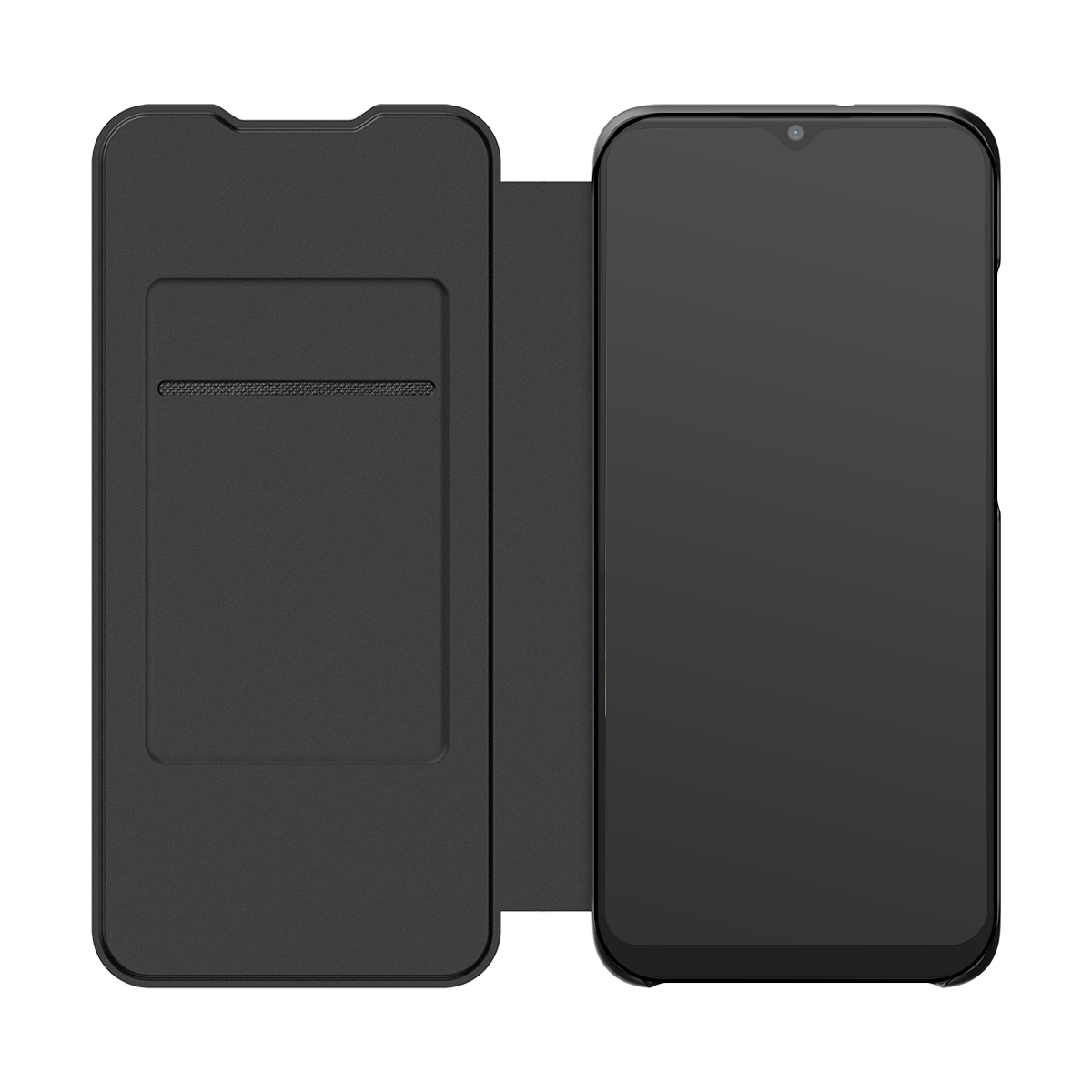 Smartphone nero con cover flip dotata di slot per carte.
