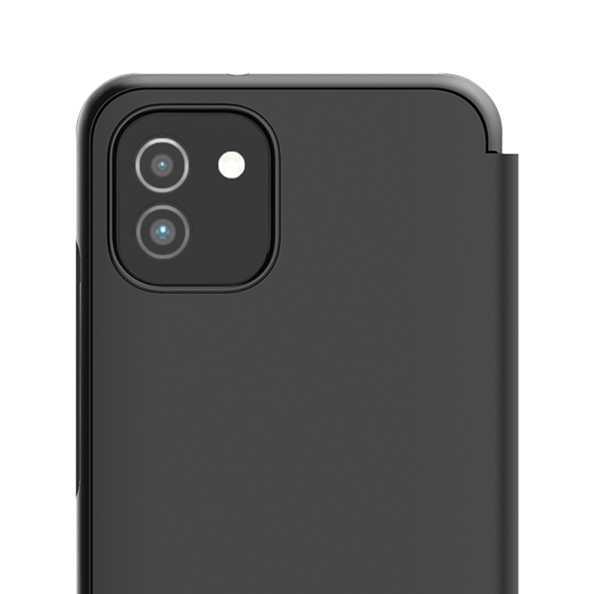 Primo piano di una custodia per smartphone nera con modulo fotocamera quadrato.