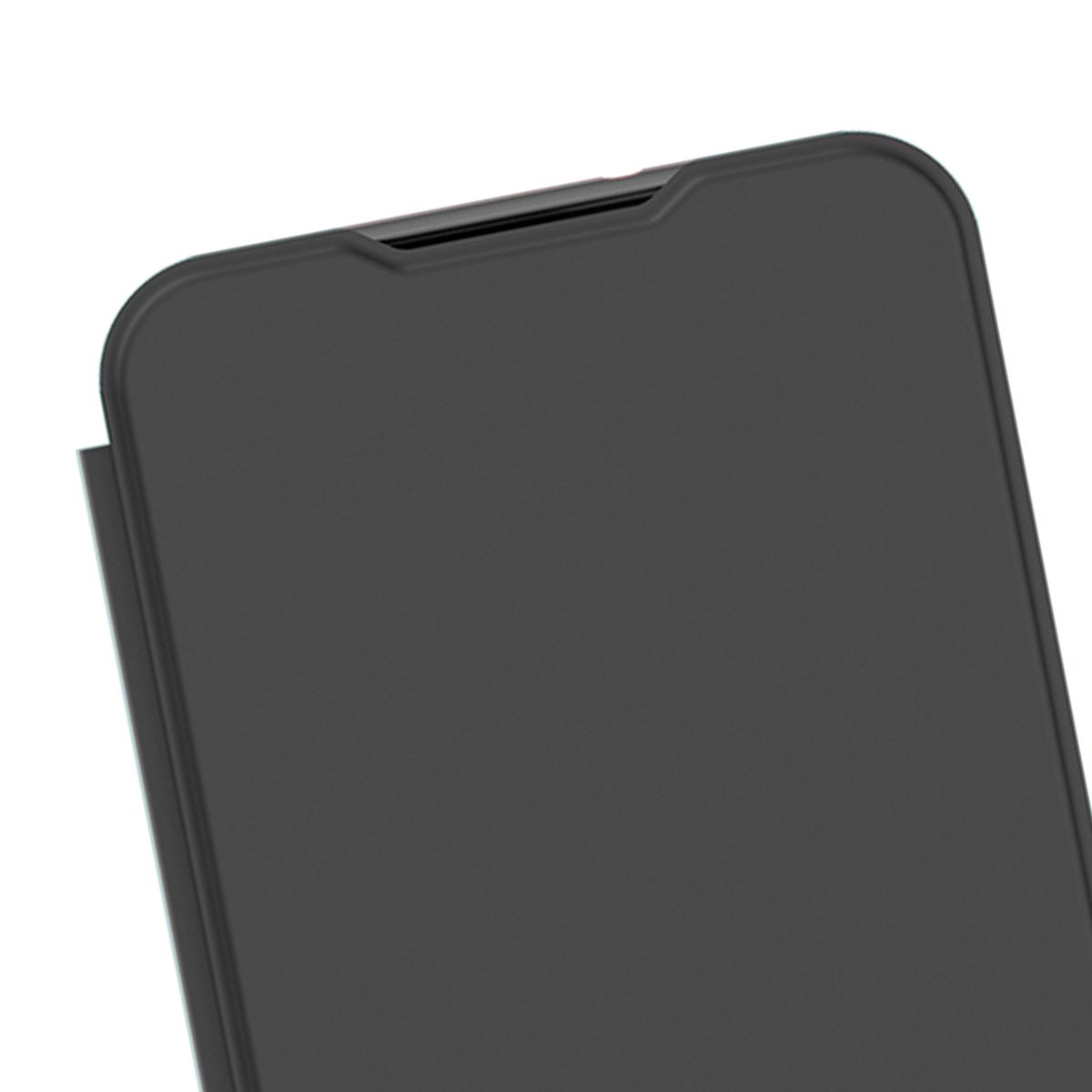 Primo piano di una cover scura per telefono con angoli arrotondati su sfondo bianco.